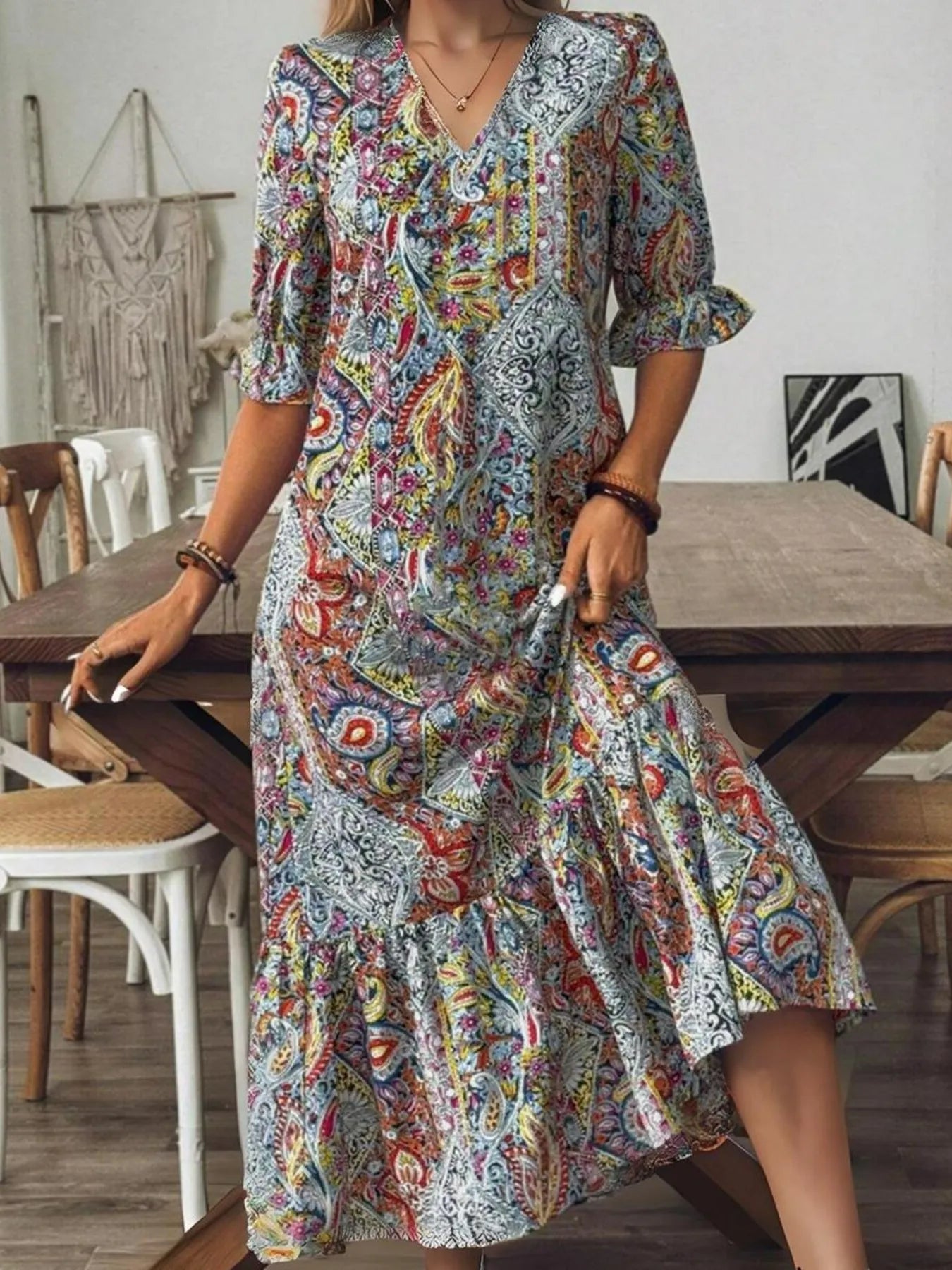 bohemian plus size dress Full Size Bohemian Paisley Print V-Neck Midi Dress Plus Size Sherbet / 5XL