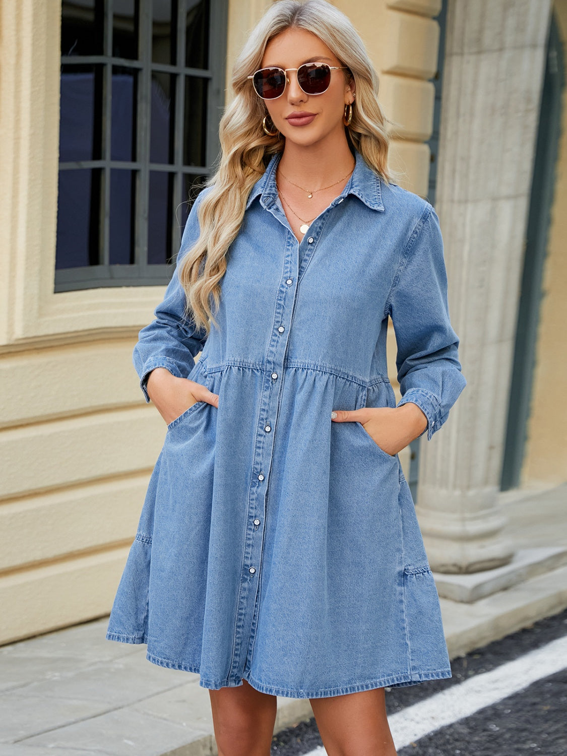 Tiered Button Up Long Sleeve Denim Dress – Charming Charlie