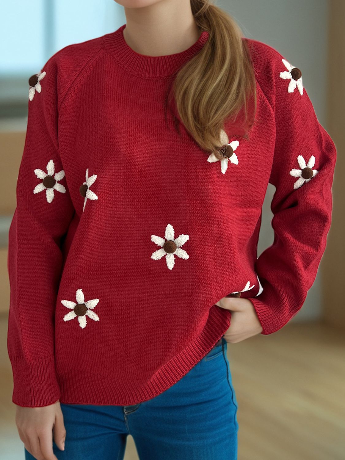 Flower Round Neck Raglan Sleeve Sweater - Charming Charlie