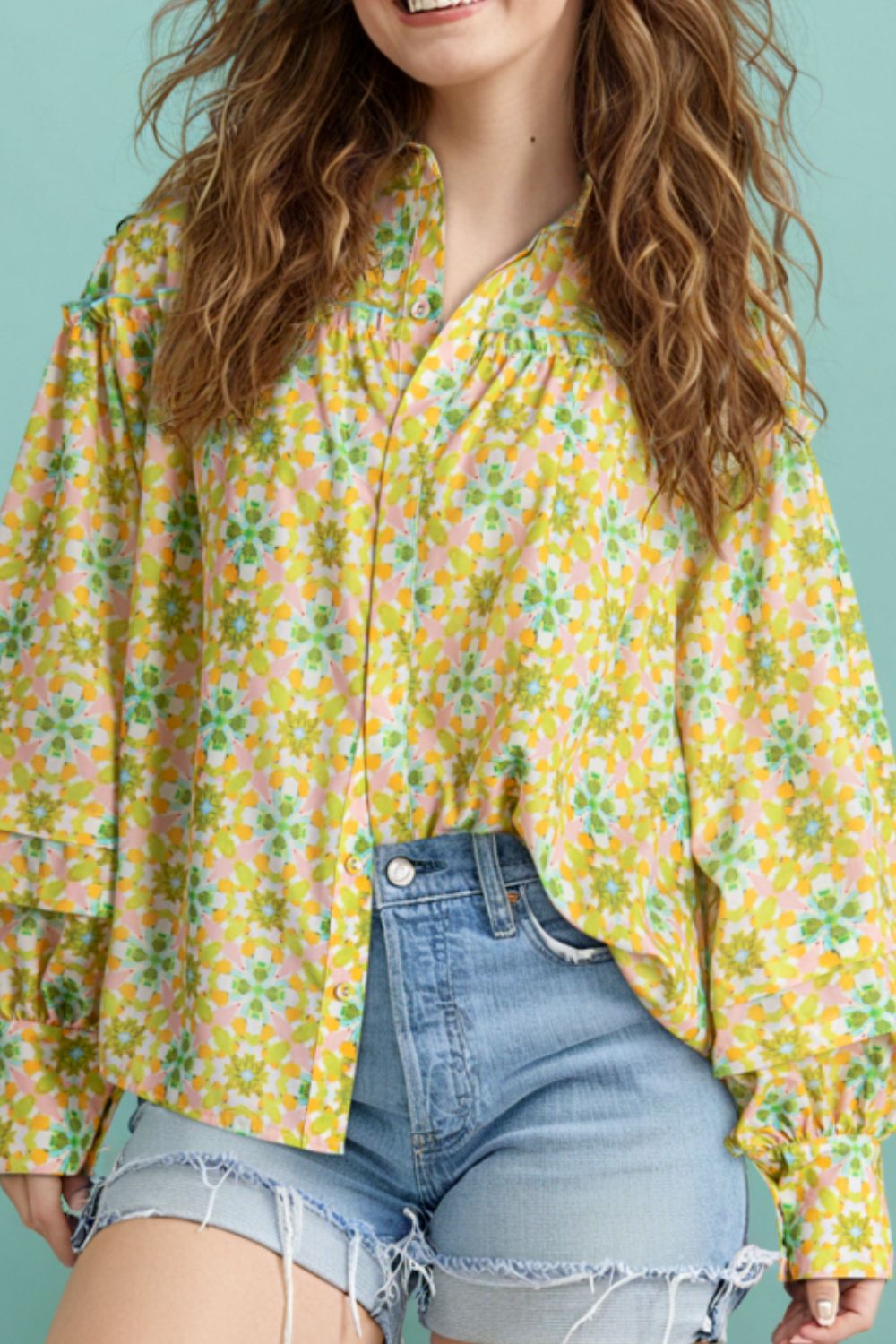Frill Printed Collared Neck Long Sleeve Blouse - Charming Charlie