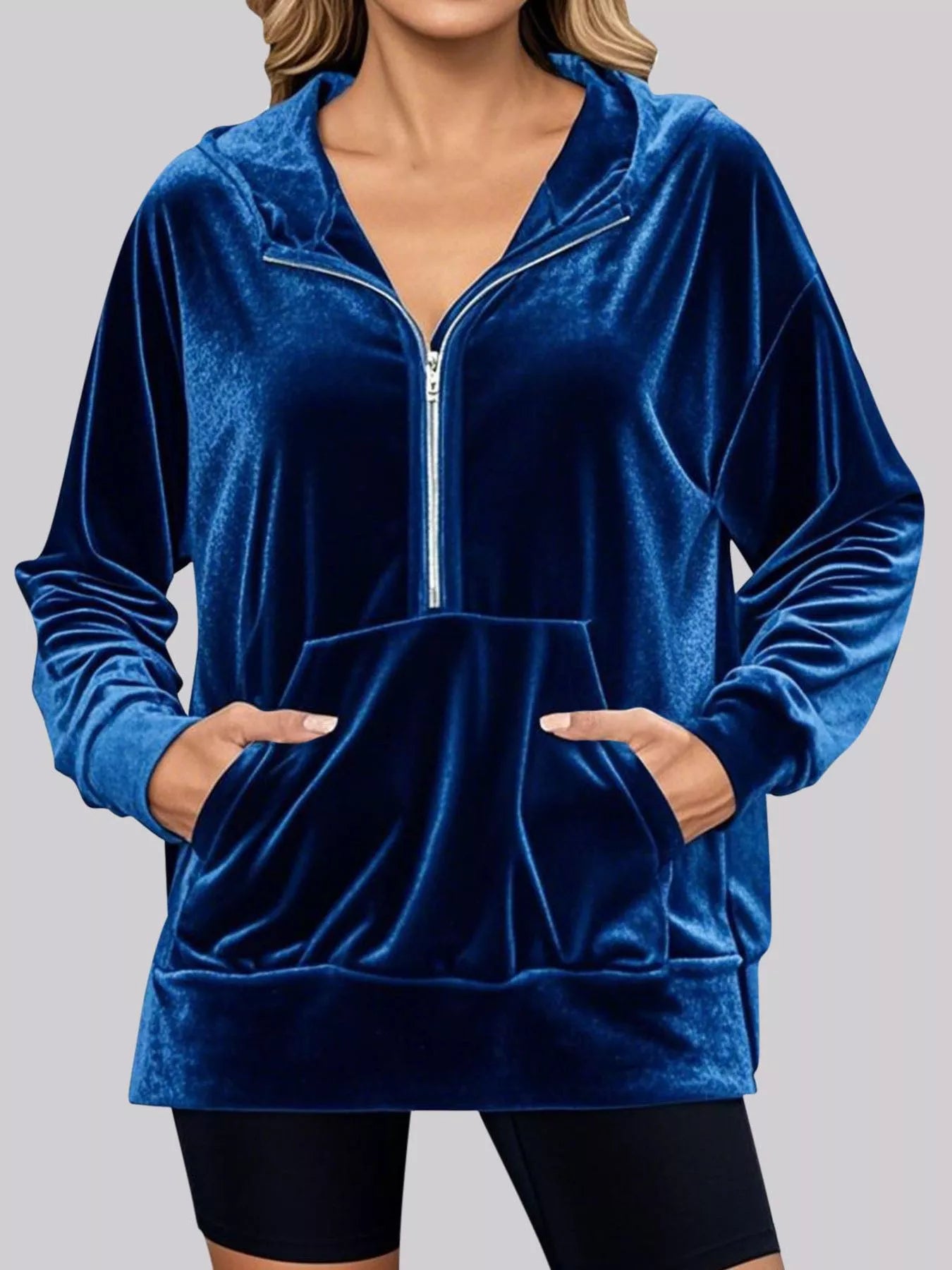 Full Size Half Zip Kangaroo Pocket Hoodie Plus Size – Charming Charlie