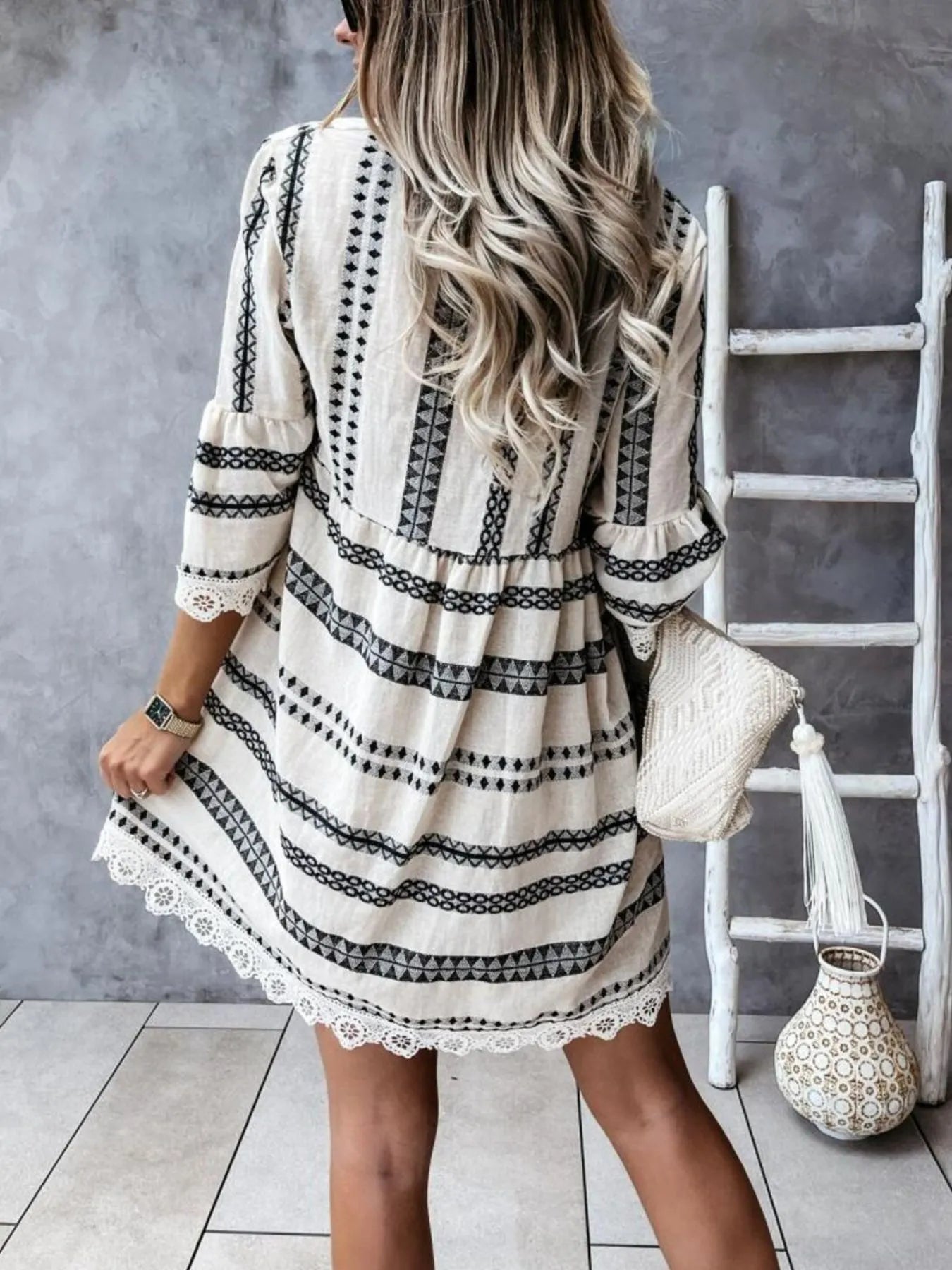 Camilladress V Neck Lace Trim Striped A-line Cami Dress