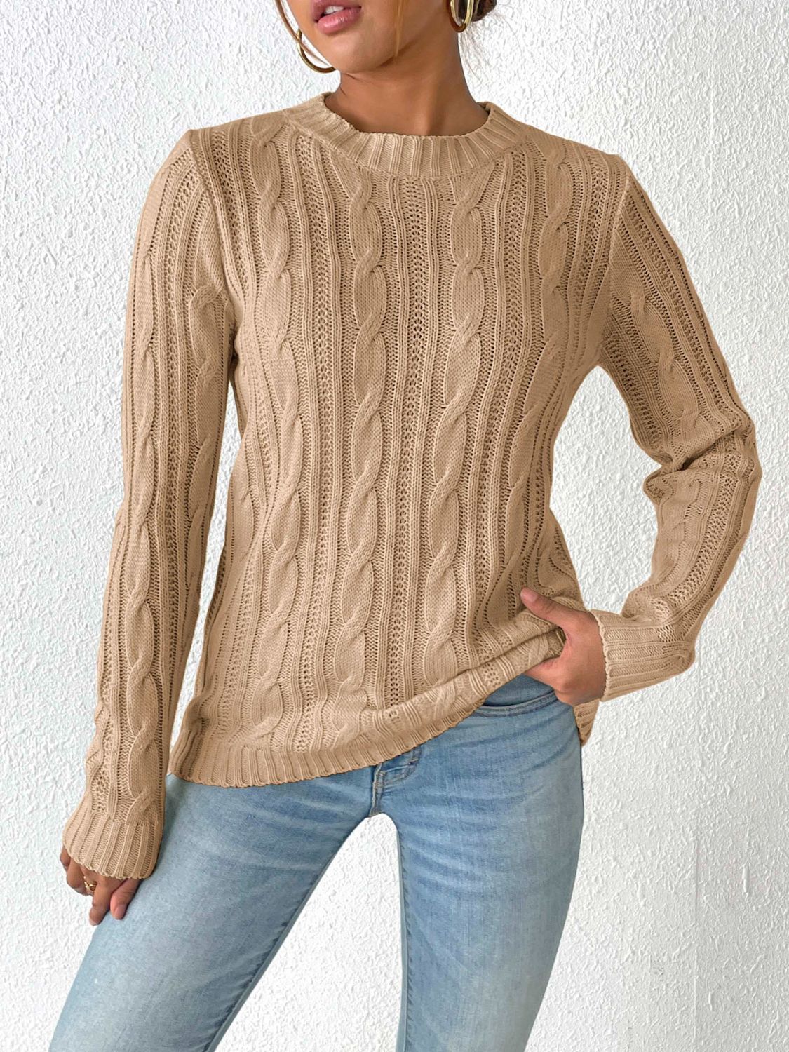 Cable-Knit Round Neck Sweater - Charming Charlie