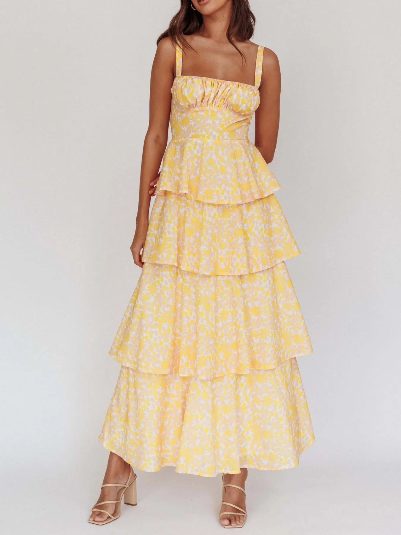 Floral Layered Ruffle Maxi Dress Light Yellow / L