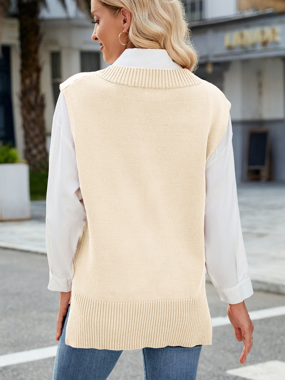 Button-Up Plain Vest V-Neck Crop Slit Sweater