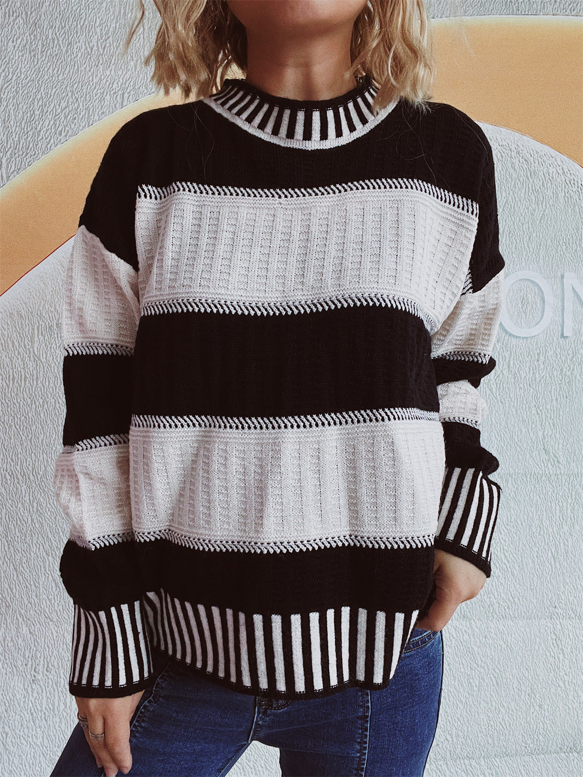 Contrast Round Neck Long Sleeve Sweater - Charming Charlie