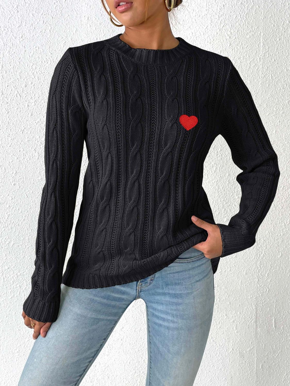 Cable-Knit Heart Round Neck Long Sleeve Sweater - Charming Charlie