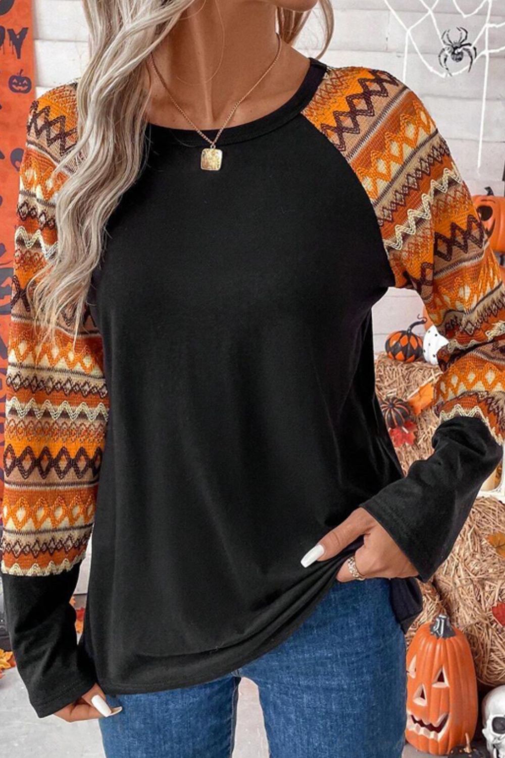 Printed Round Neck Raglan Sleeve Blouse - Charming Charlie