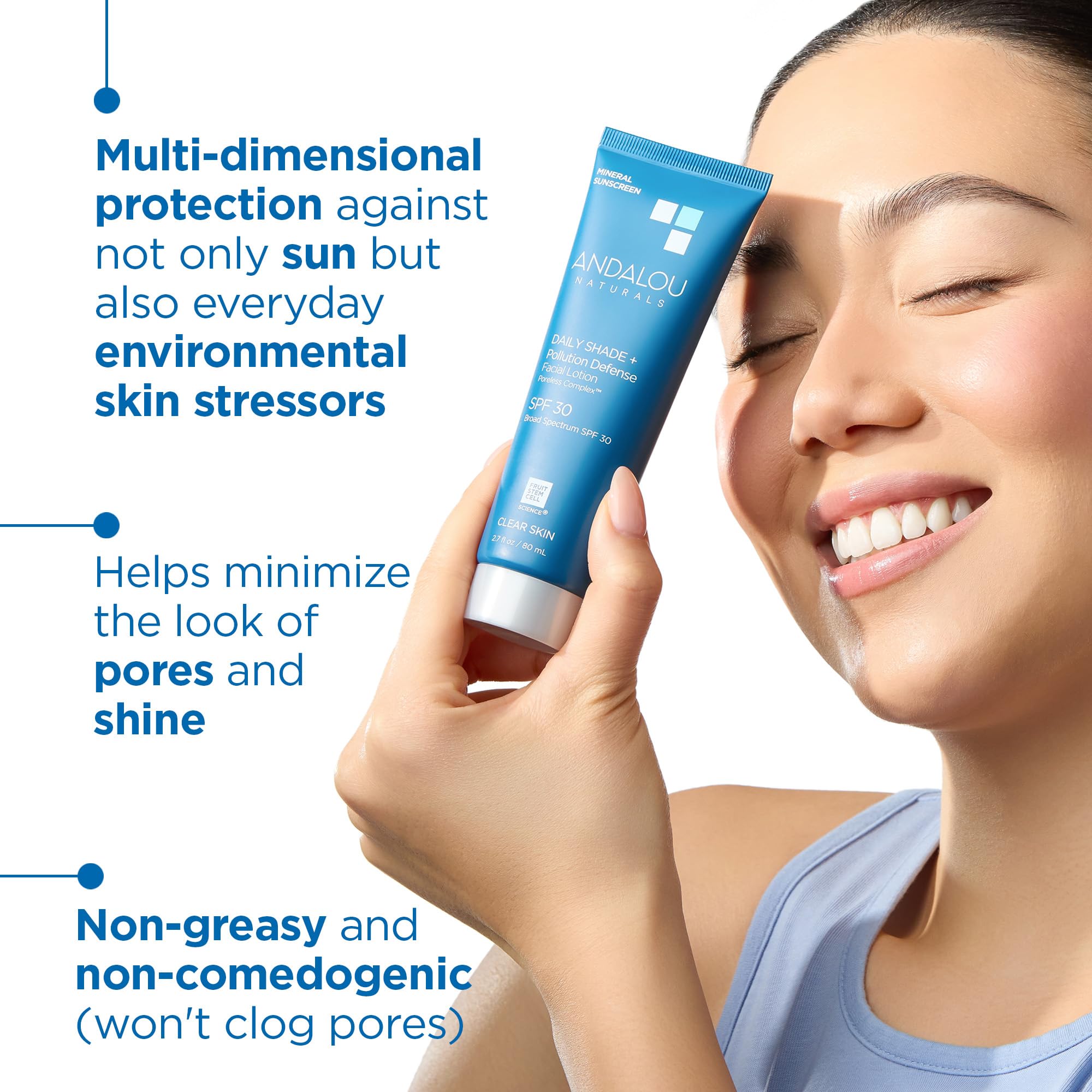 Andalou Naturals Daily Shade Face Sunscreen, SPF 30 Zinc Oxide Mineral Sunscreen, Sun + Pollution Defense Face Lotion, Helps Minimize Look of Pores, Matte Finish & Lightweight - 2.7 Fl. Oz. - Charming Charlie
