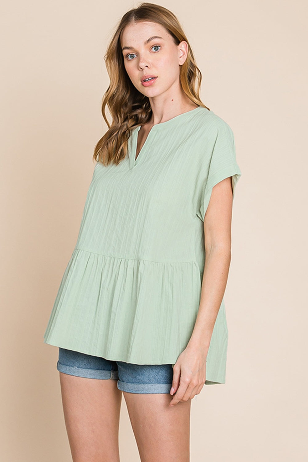 Cotton Bleu by Nu Lab Ruched Notched Short Sleeve Blouse - Charming Charlie