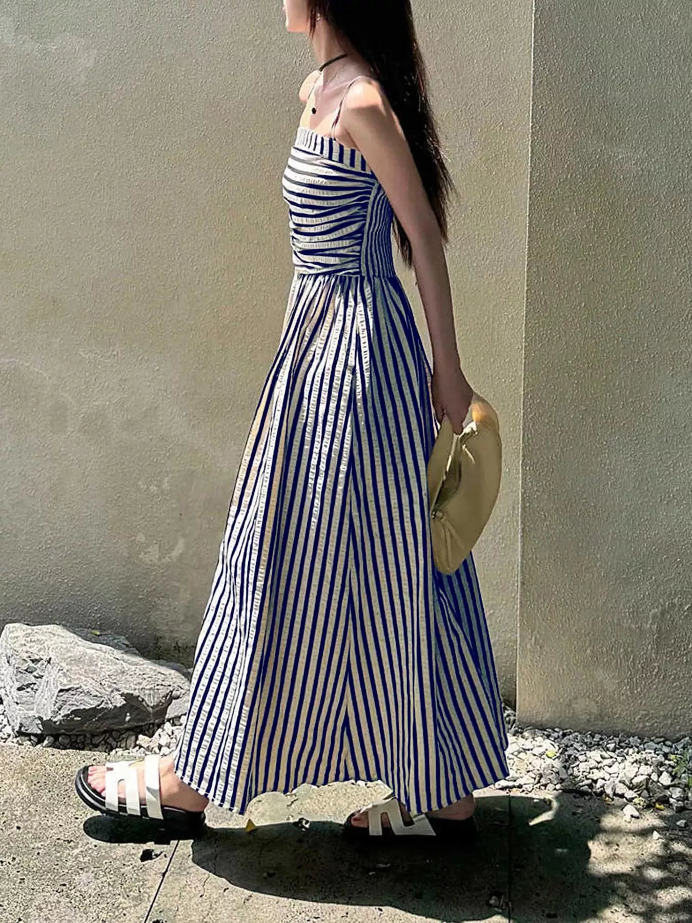 maxi dress with stripes White And Blue Striped S Wide Stripe V Neck Zip Flare Maxi Dress Make a bold Tiered Stripe Cut-Out Maxi Dress