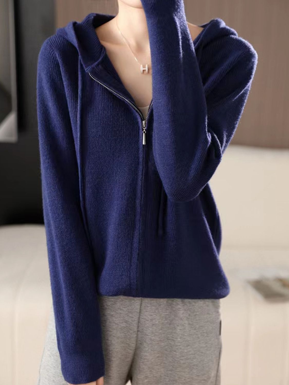 Drawstring Zip Up Long Sleeve Hooded Sweater - Charming Charlie