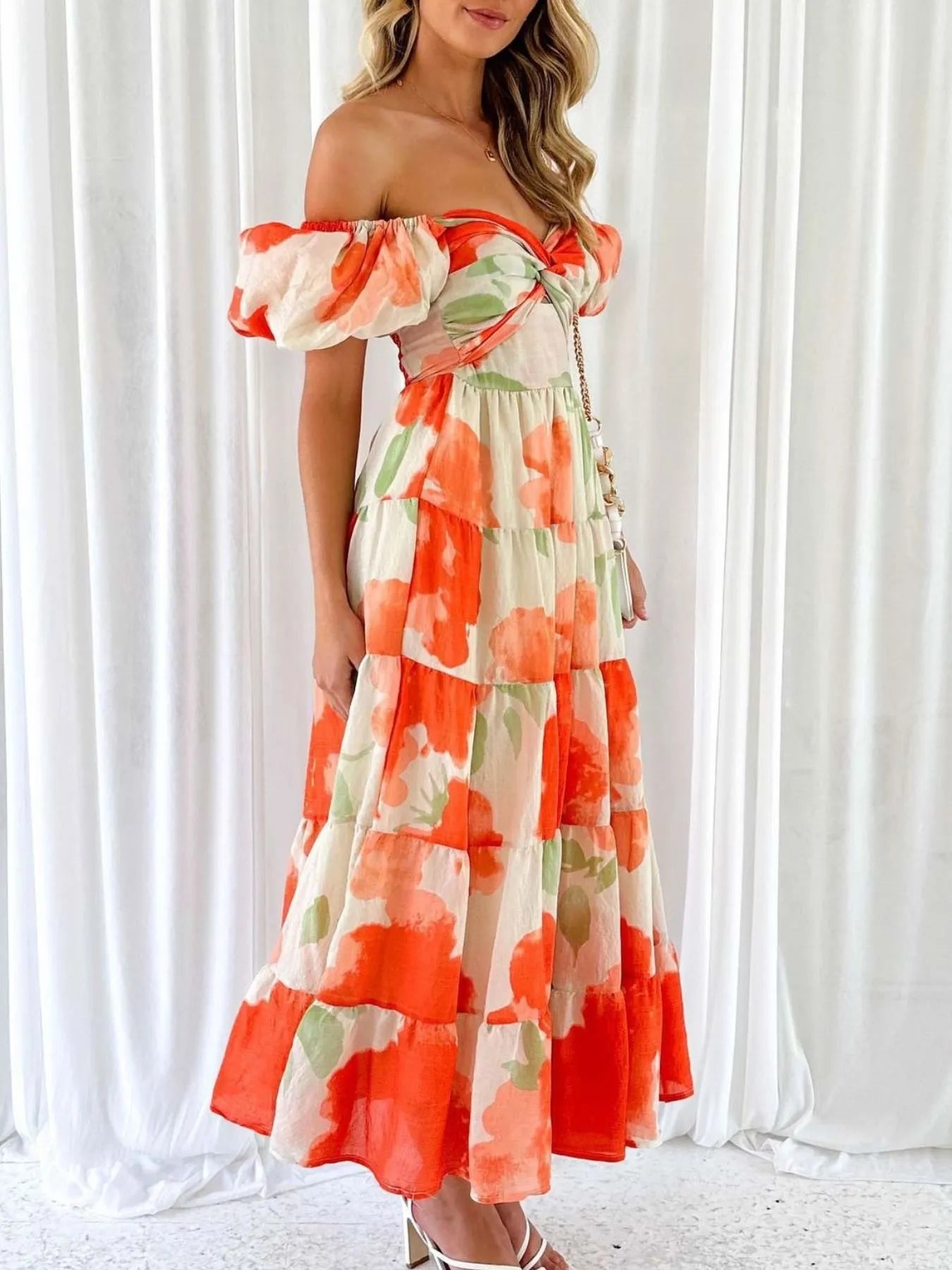 off the shoulder floral high low dress Off-Shoulder Floral Tiered Dress with Ruffle Details Blue / XL