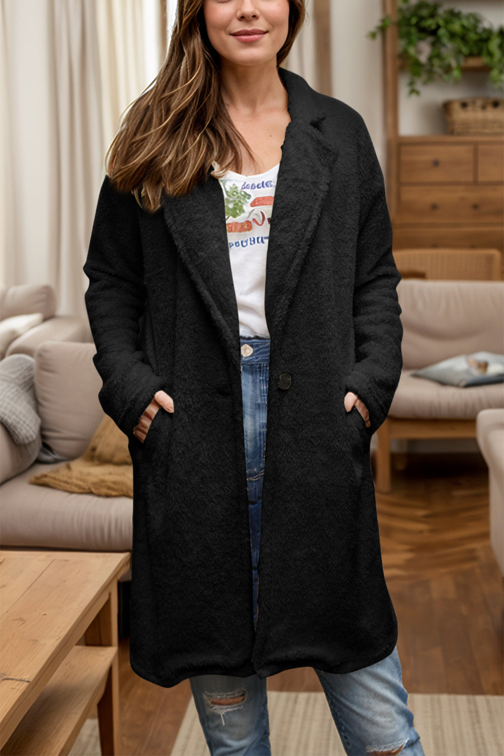 Full Size One Button Long Sleeve Longline Plush Coat - Charming Charlie