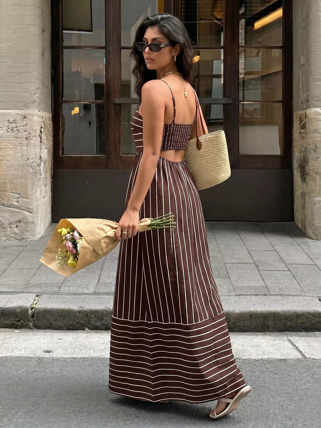 Striped Print Spaghetti Strap Maxi Dress Brown / L