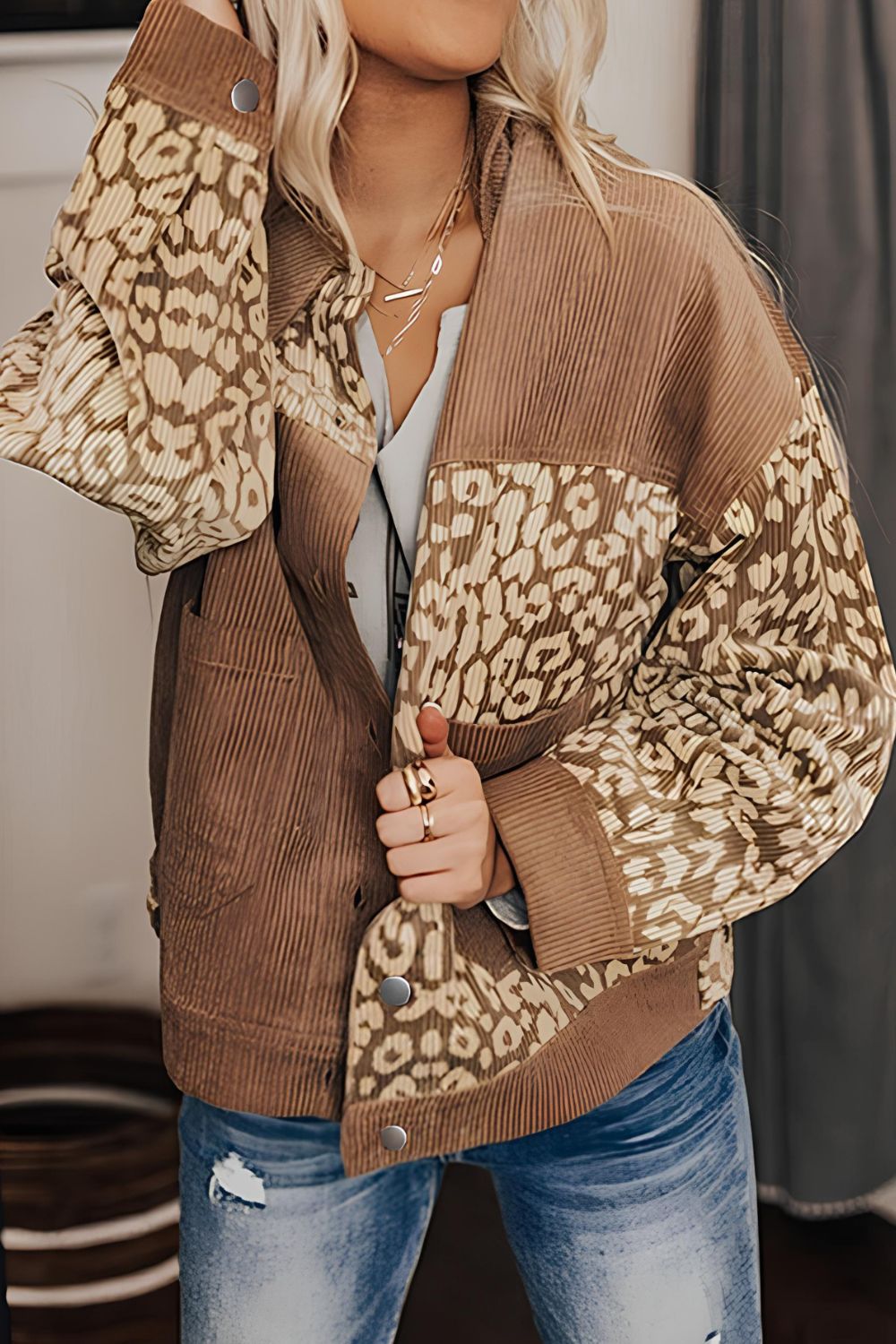 Leopard Button Up Drop Shoulder Jacket - Charming Charlie