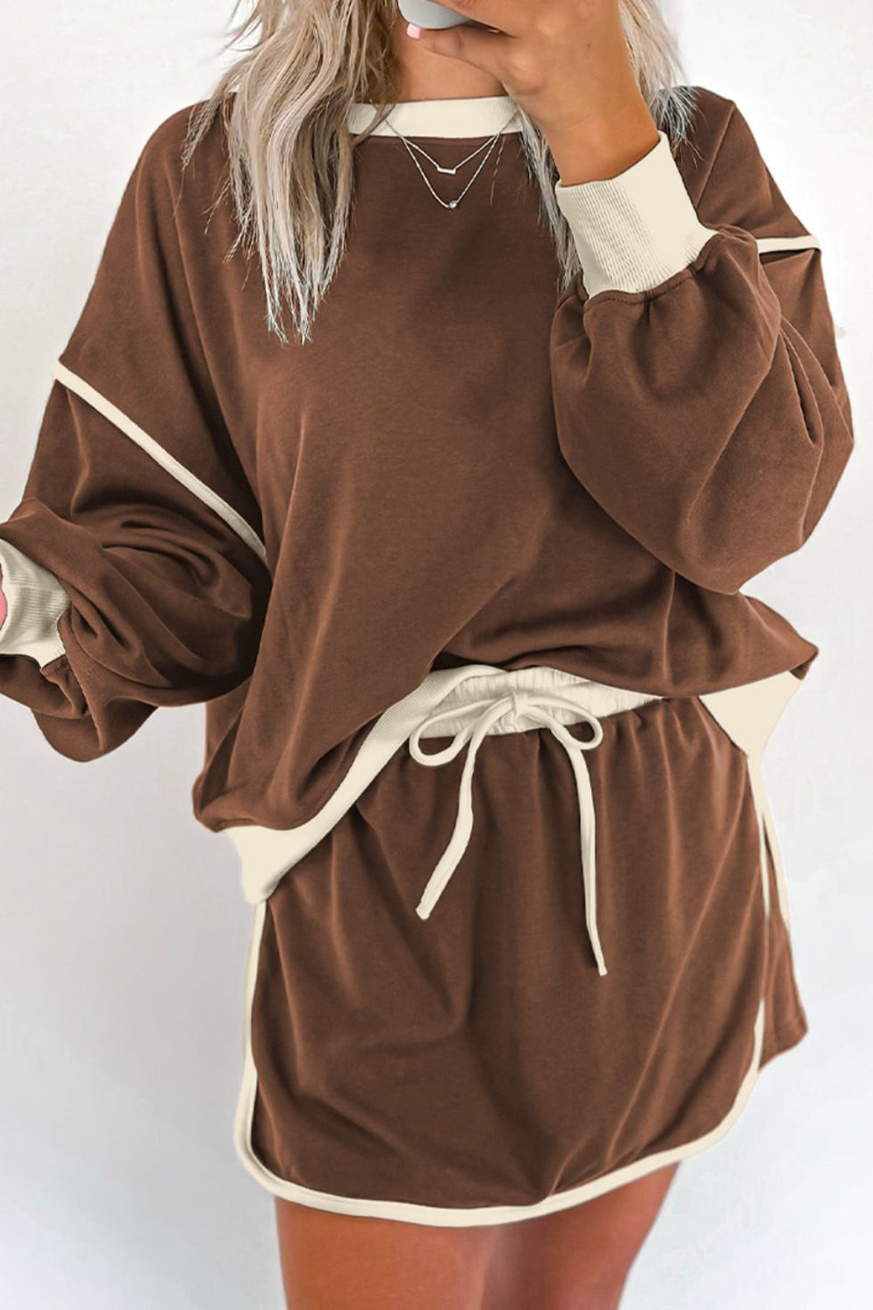 Contrast Round Neck Top and Shorts Set
