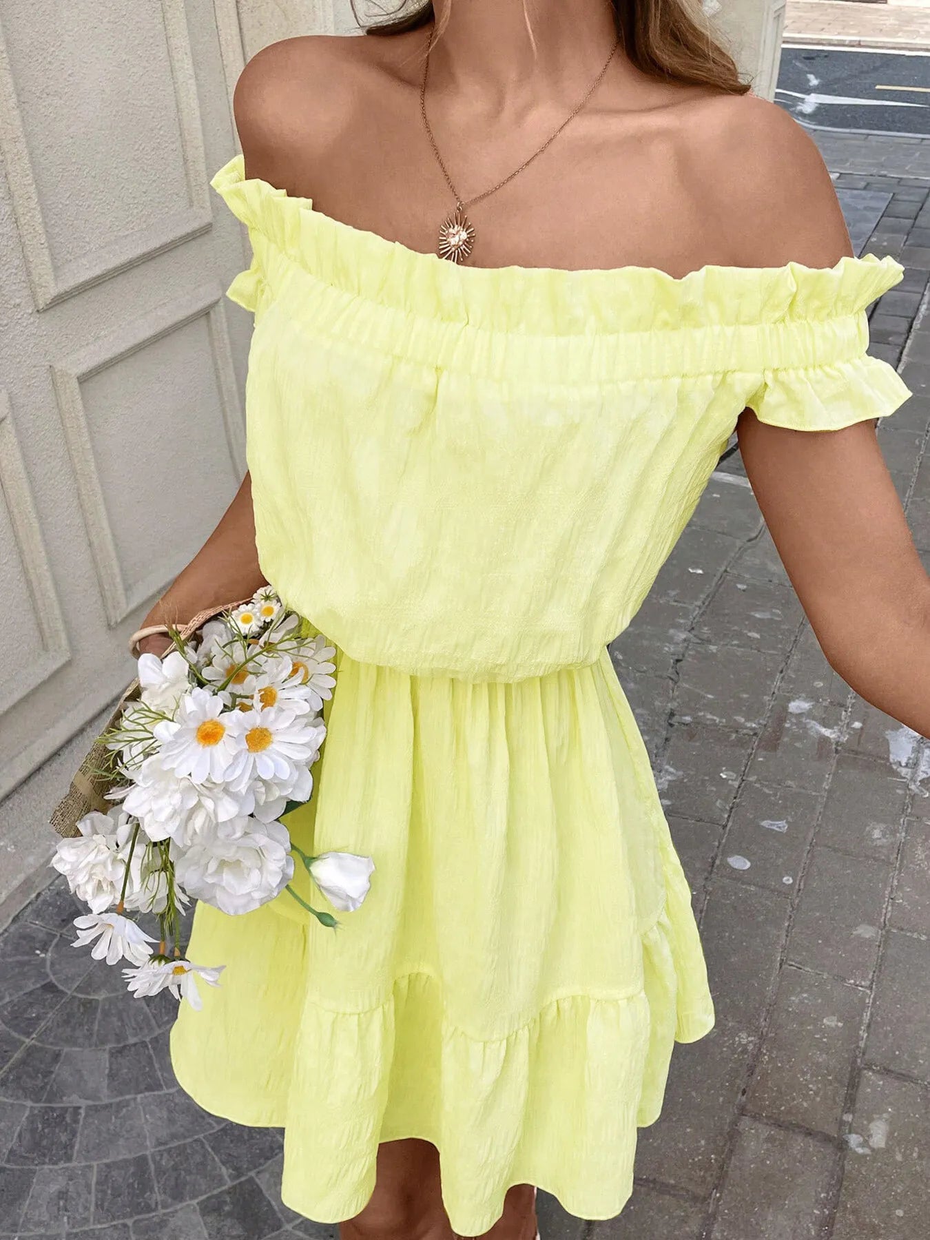 yellow off shoulder summer dress Off-Shoulder Ruffle Hem Summer Dress Yellow / S