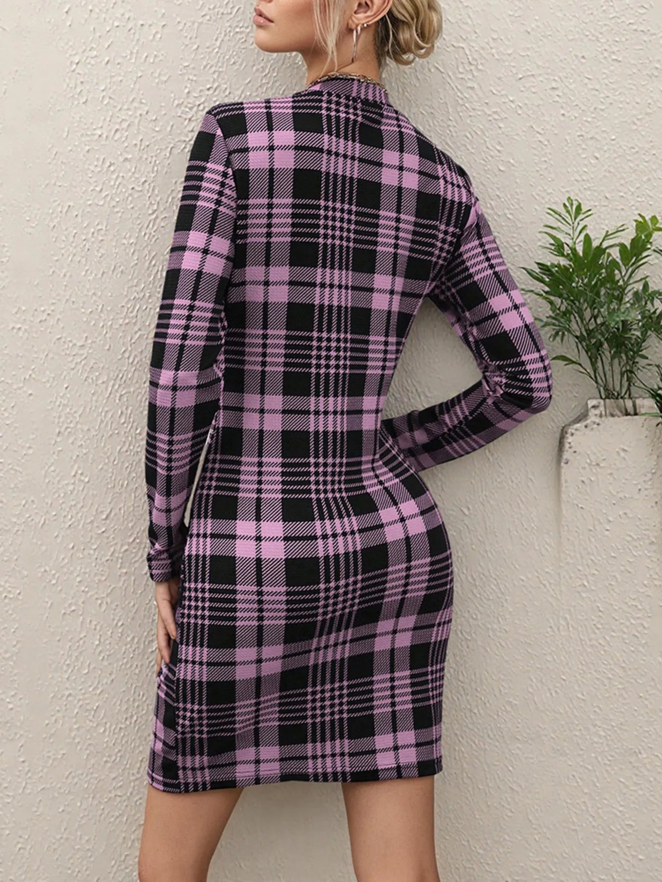 Long Sleeve Plaid Bodycon Mini Dress Caramel / M Long Sleeve Plaid Bodycon Mini Dress Caramel / M