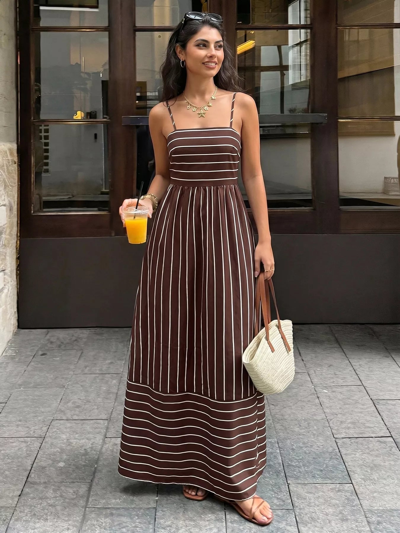Striped Print Spaghetti Strap Maxi Dress Apricot / XL