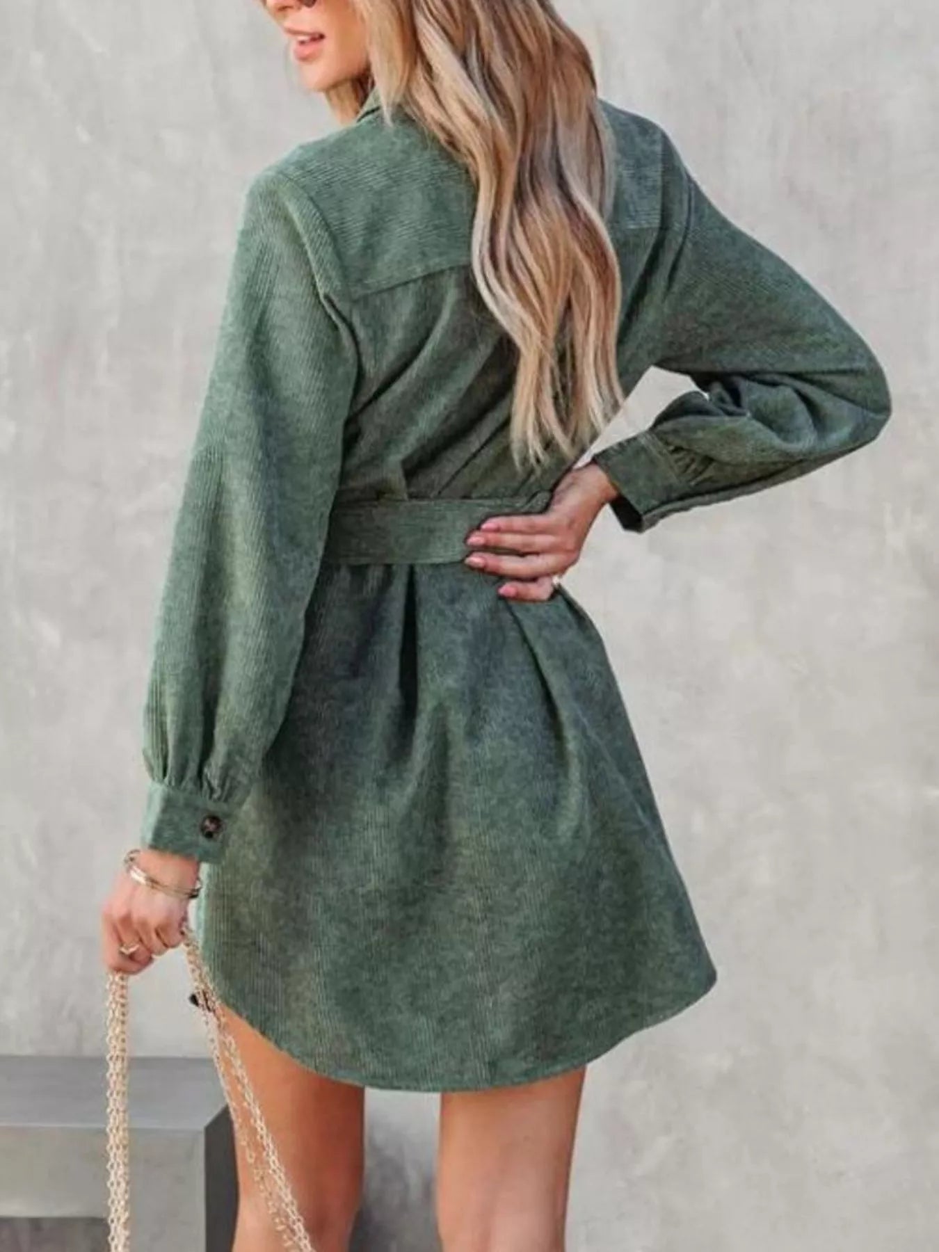 Button Front Belt Long Sleeve Corduroy Dress Light Brown / M Button Front Belt Long Sleeve Corduroy Dress Light Brown / M