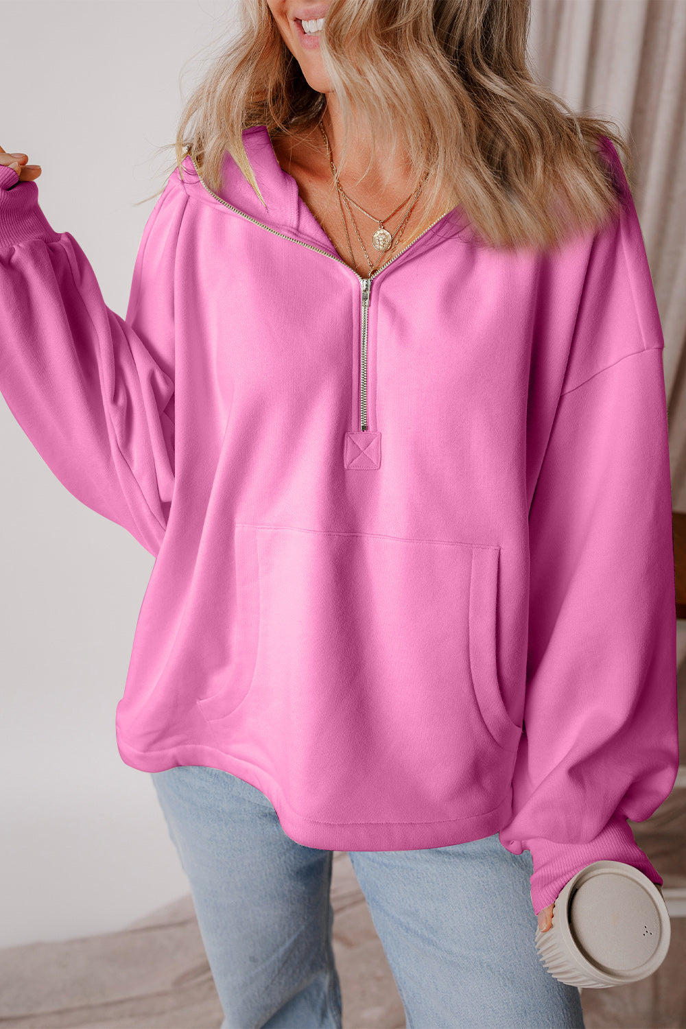 Pocketed Half Zip Dropped Shoulder Hoodie - Charming Charlie