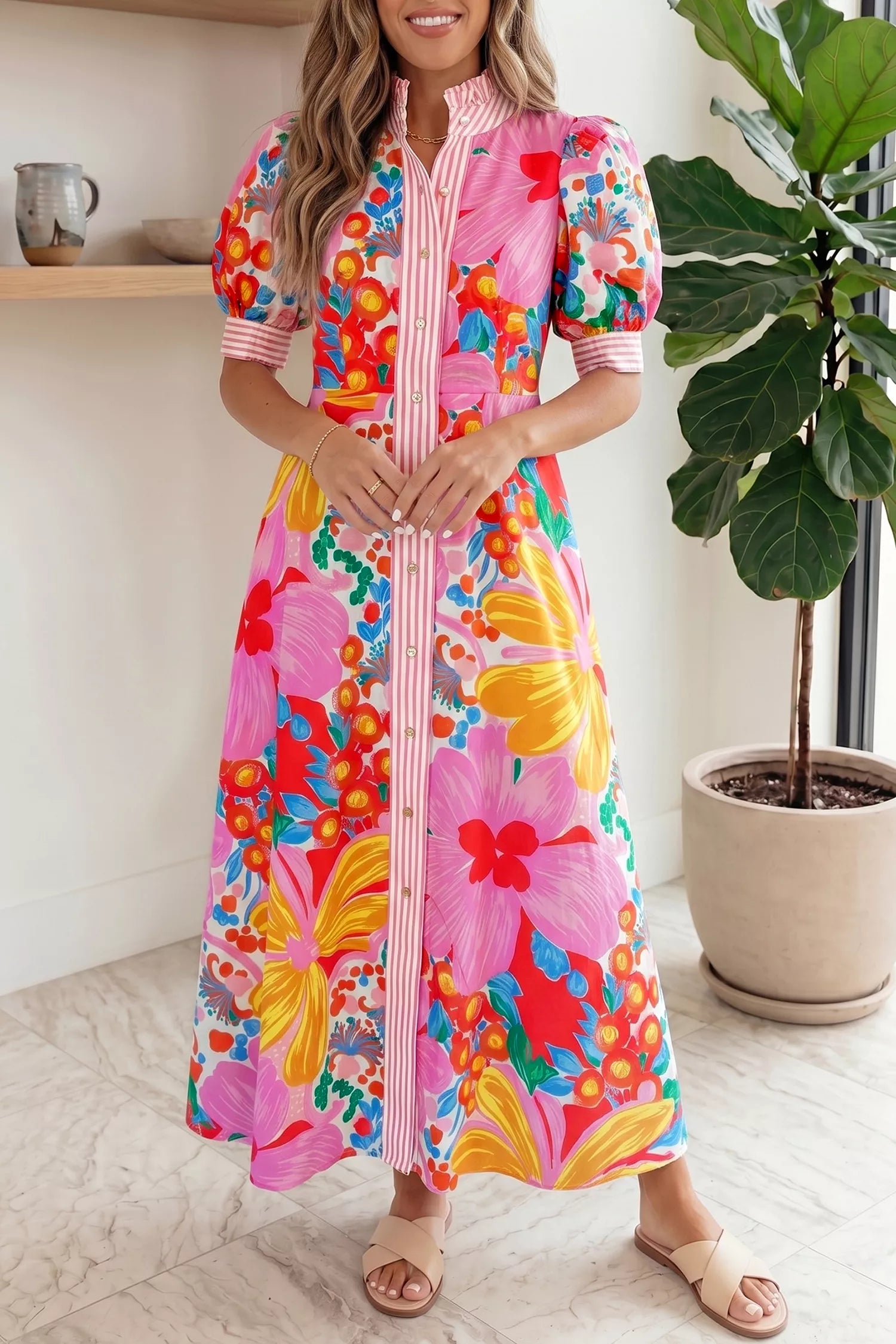 Floral Print Striped Trim Button Down Short Sleeve Maxi Dress – Charming Charlie