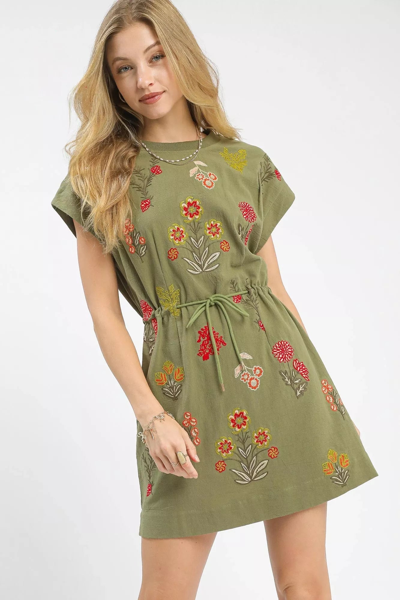 Umgee Embroidered Floral Mini Dress with Waist Tie - SAGE / S Umgee Embroidered Floral Mini Dress with Waist Tie - SAGE / S