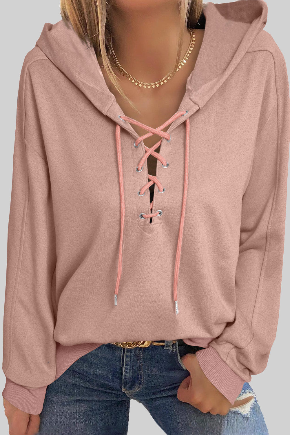 Lace Up Long Sleeve Hoodie - Charming Charlie