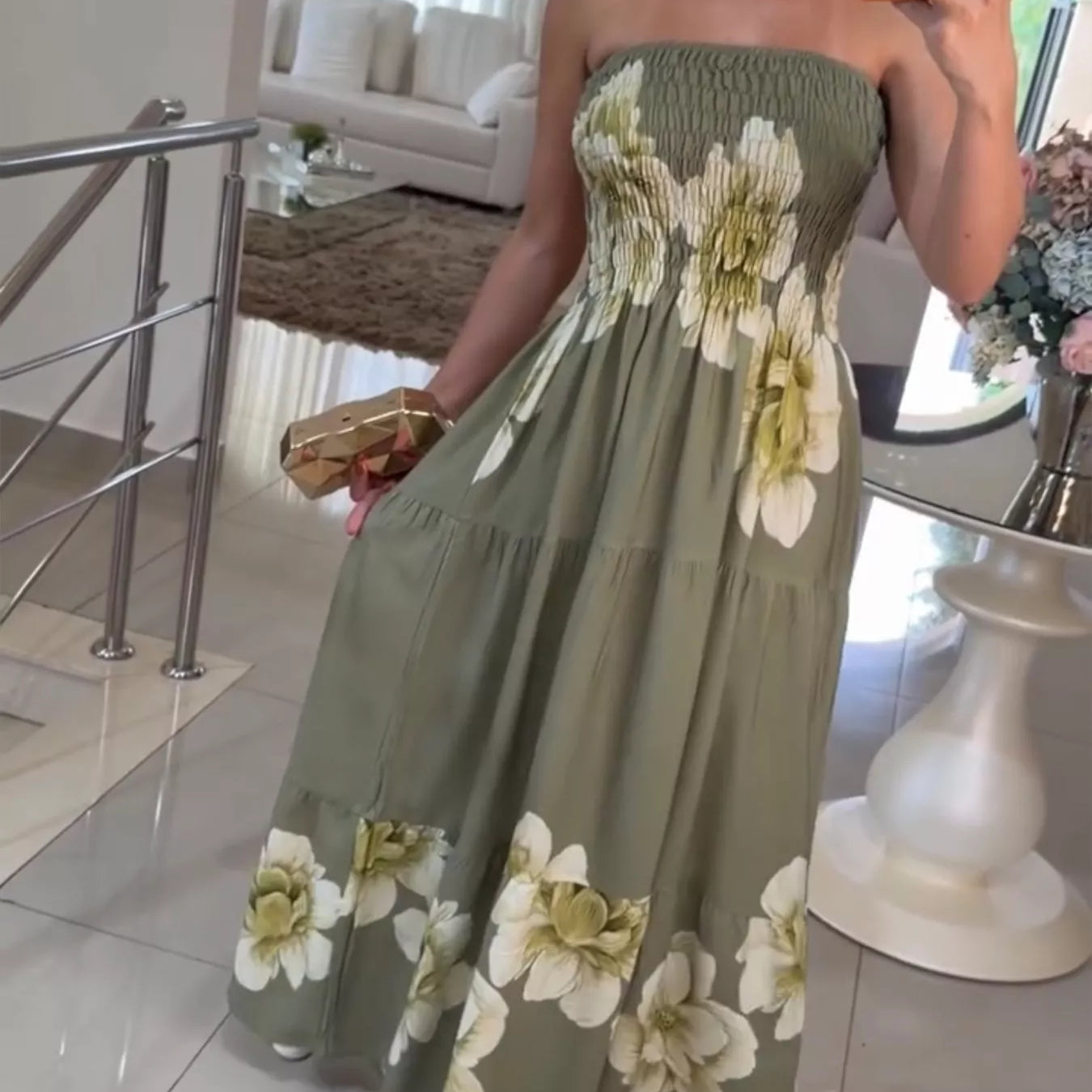 Floral Print Smocked Tube Maxi Dress Green / M