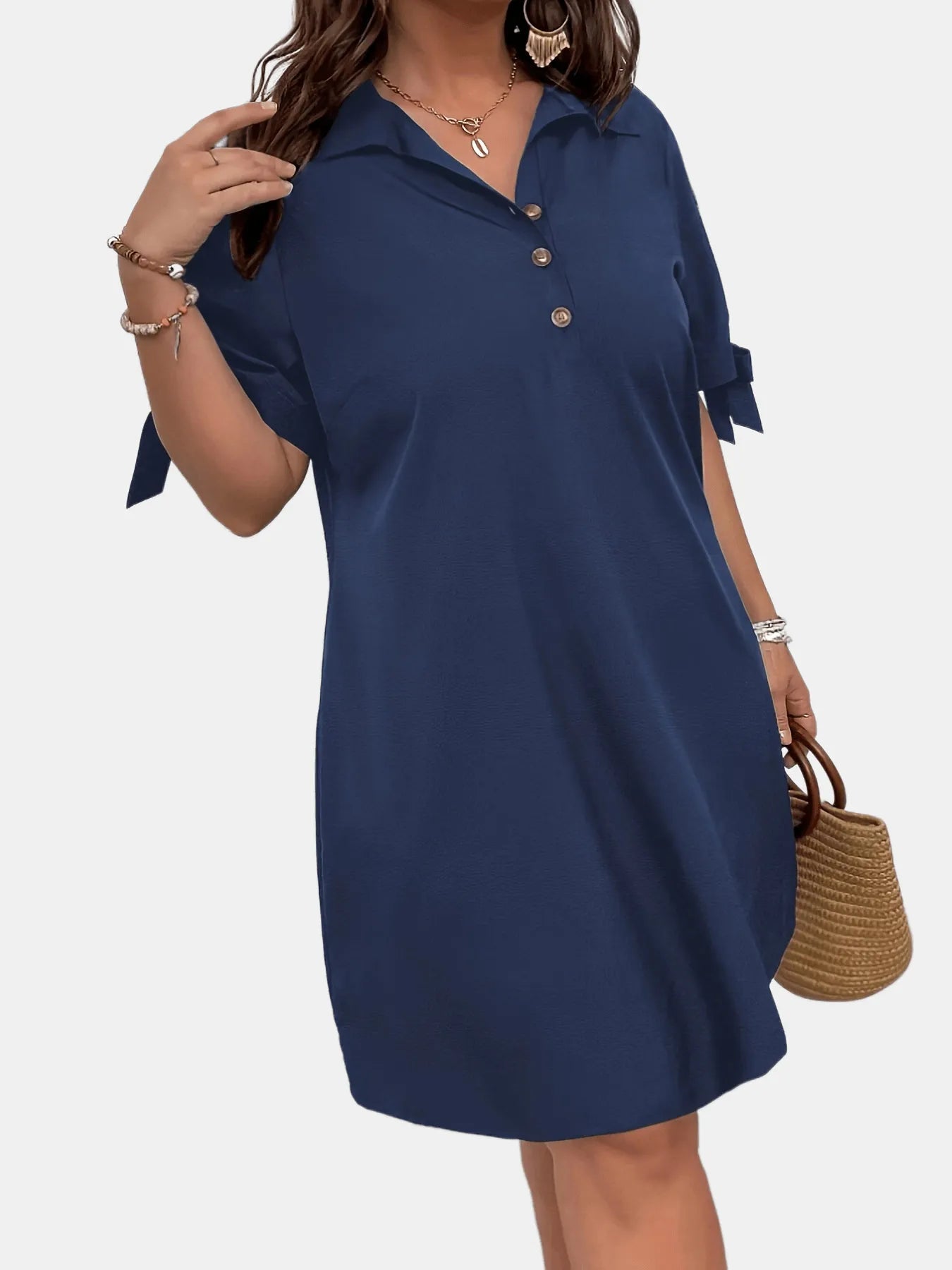Button Detail Shift Dress with Tie Sleeves – Charming Charlie Button Detail Shift Dress with Tie Sleeves – Charming Charlie
