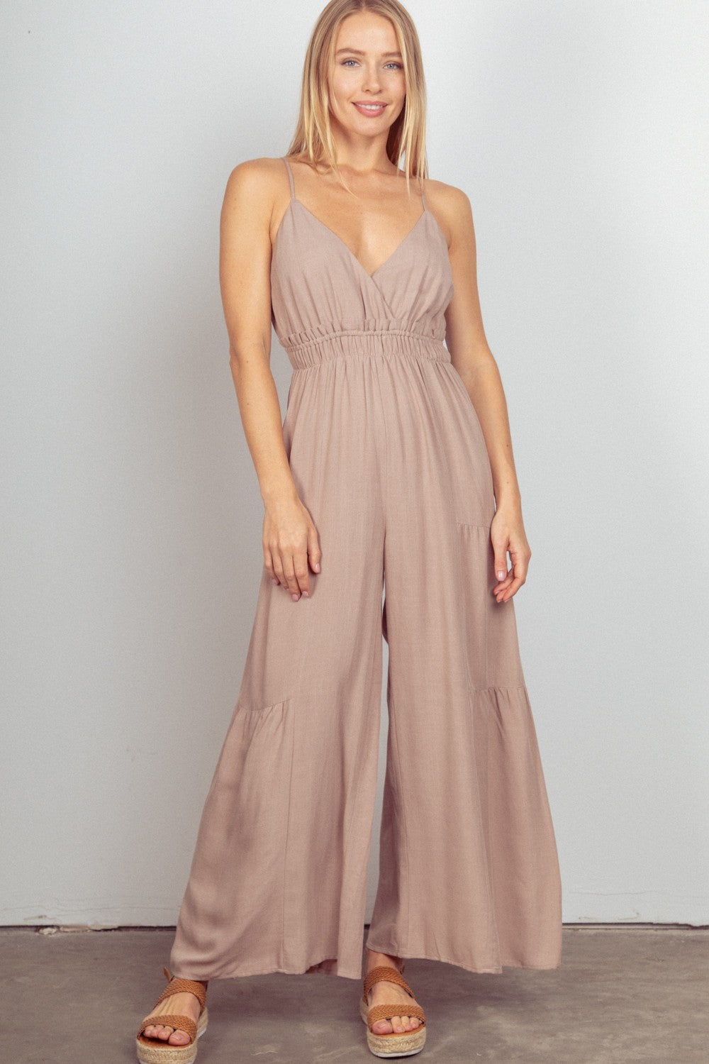 VERY J Sleeveless Ruched Wide Leg Jumpsuit - Charming Charlie