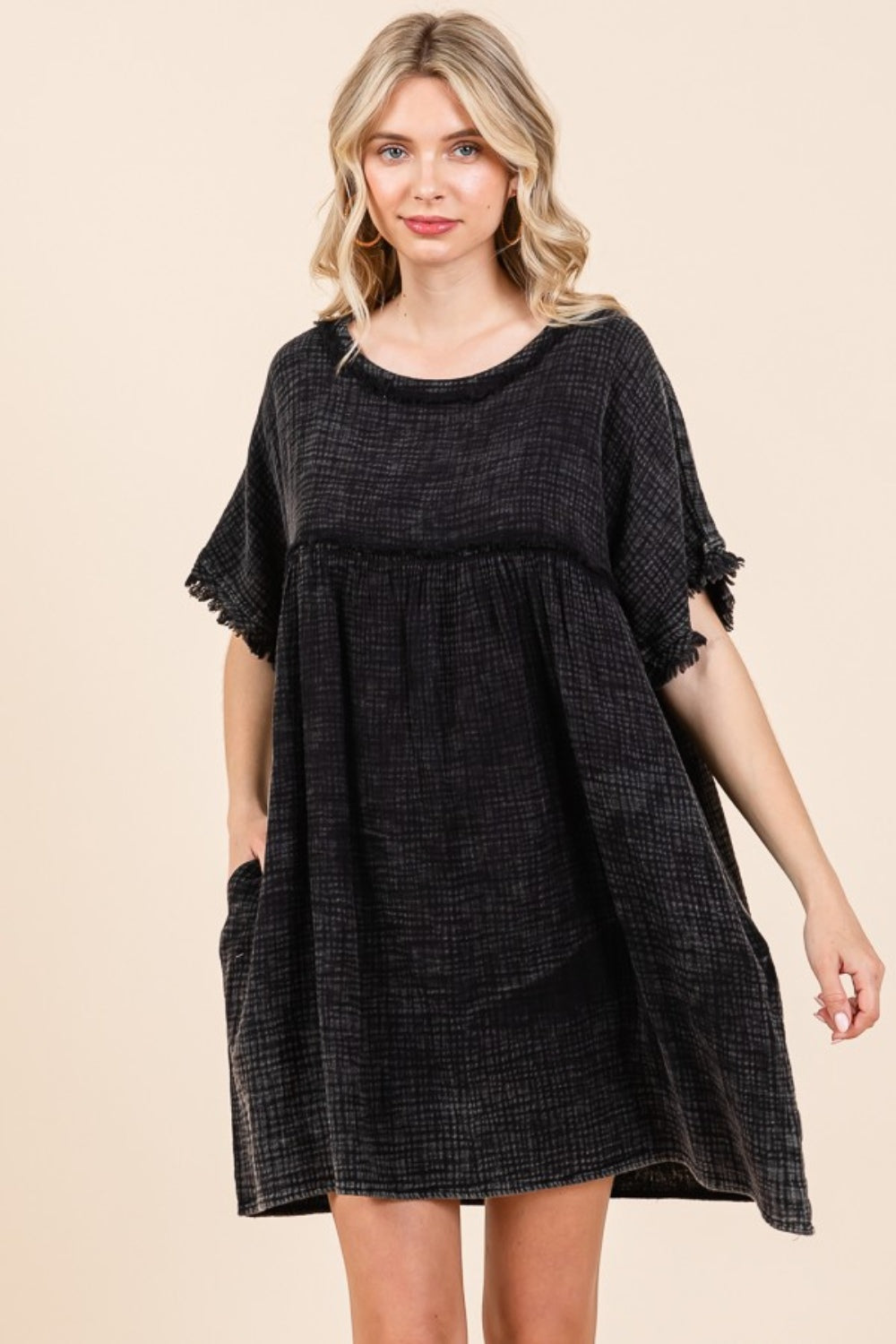 Culture Code Full Size Short Sleeve Babydoll Texture Dress with Pockets - Charming Charlie