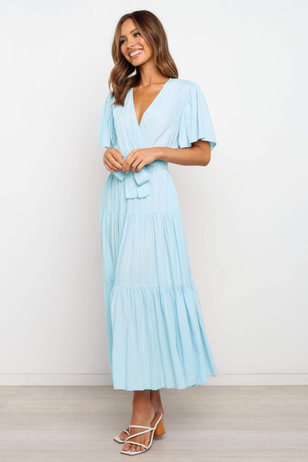 tiered short sleeve midi dress Wholesale MOQ6 Tied Back Tiered Short Sleeve Midi Dress