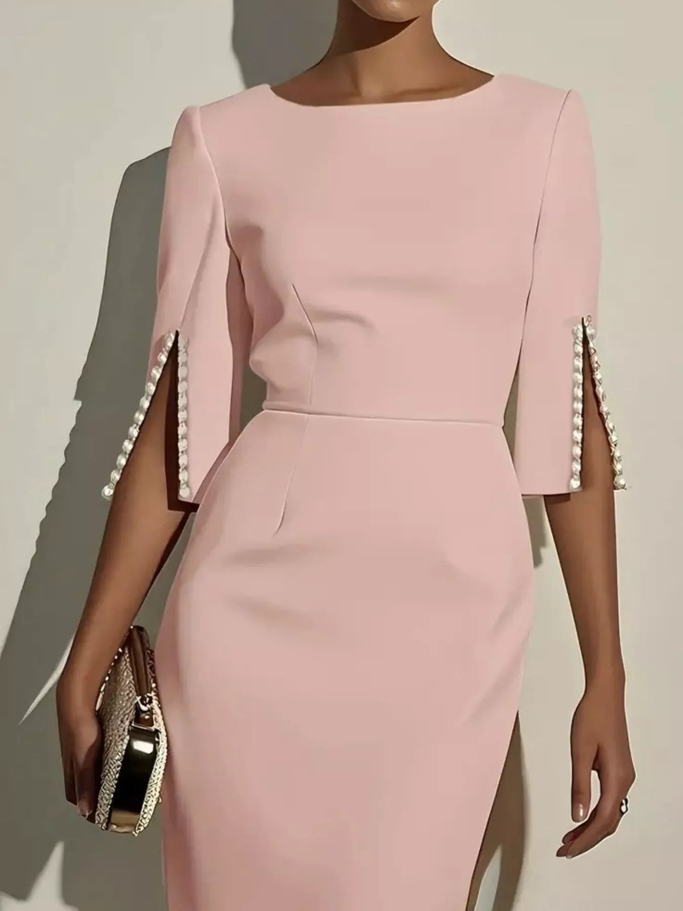 Slim-Fit Elegant Midi Dress with Beaded Slit Sleeve Pink / L Slim-Fit Elegant Midi Dress with Beaded Slit Sleeve Pink / L