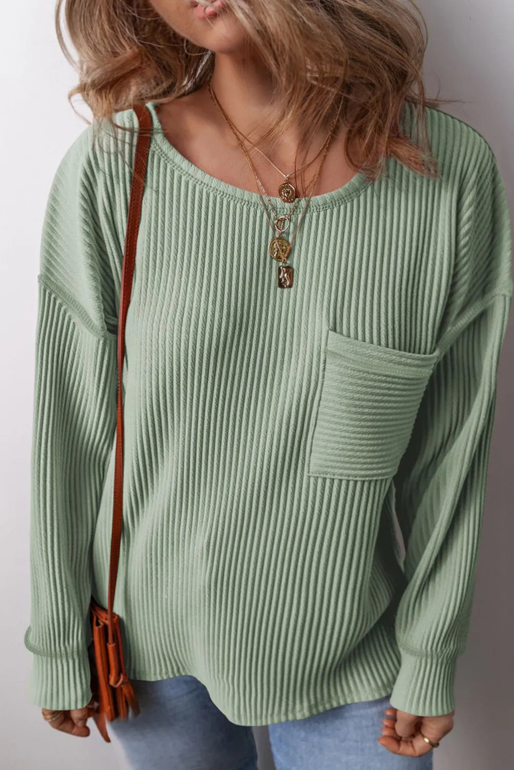 Plus Size Pocketed Ribbed Round Neck Long Sleeve Top - Charming Charlie