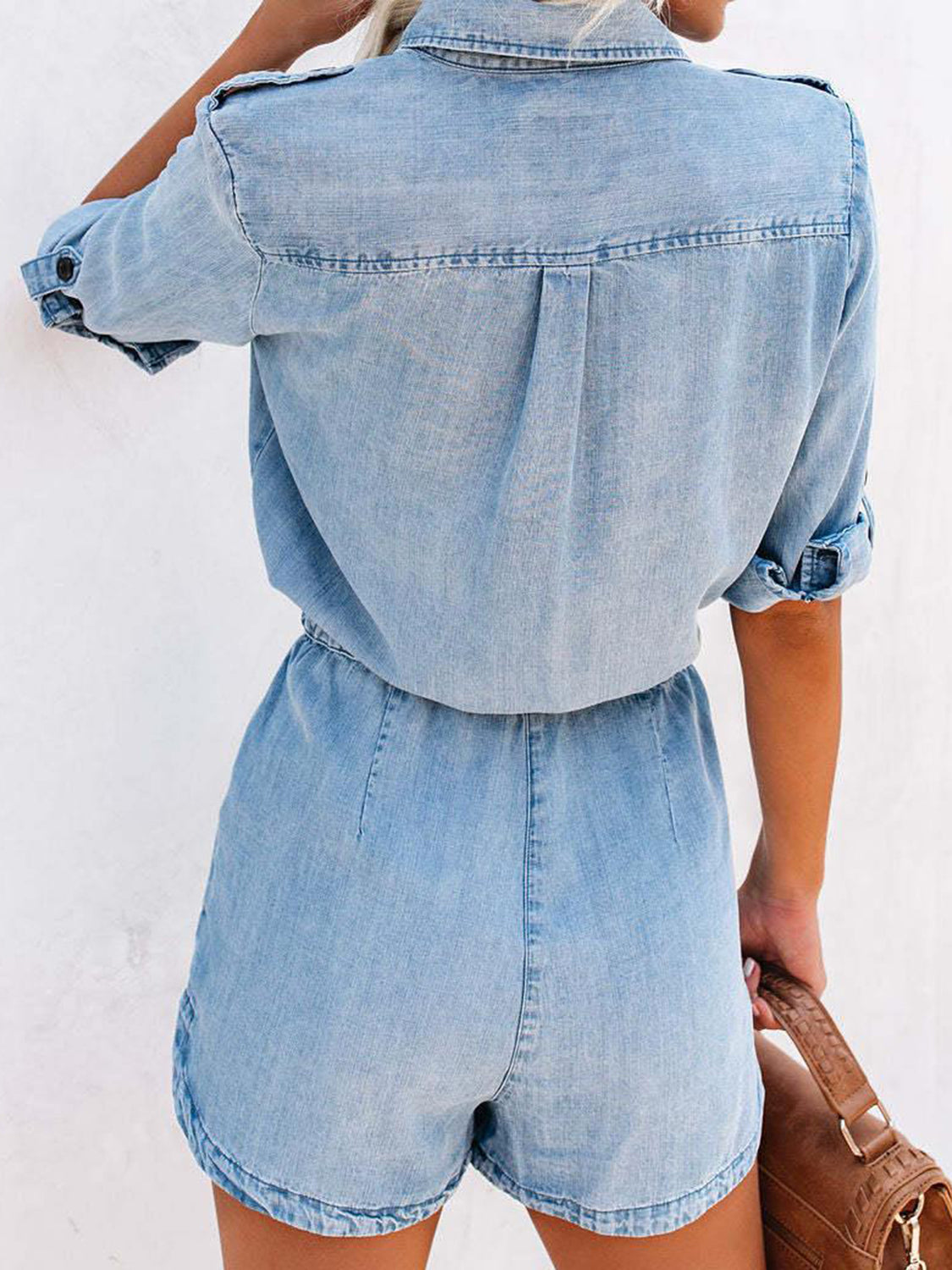 Drawstring Half Button Half Sleeve Denim Romper - Charming Charlie