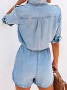 Drawstring Half Button Half Sleeve Denim Romper - Charming Charlie