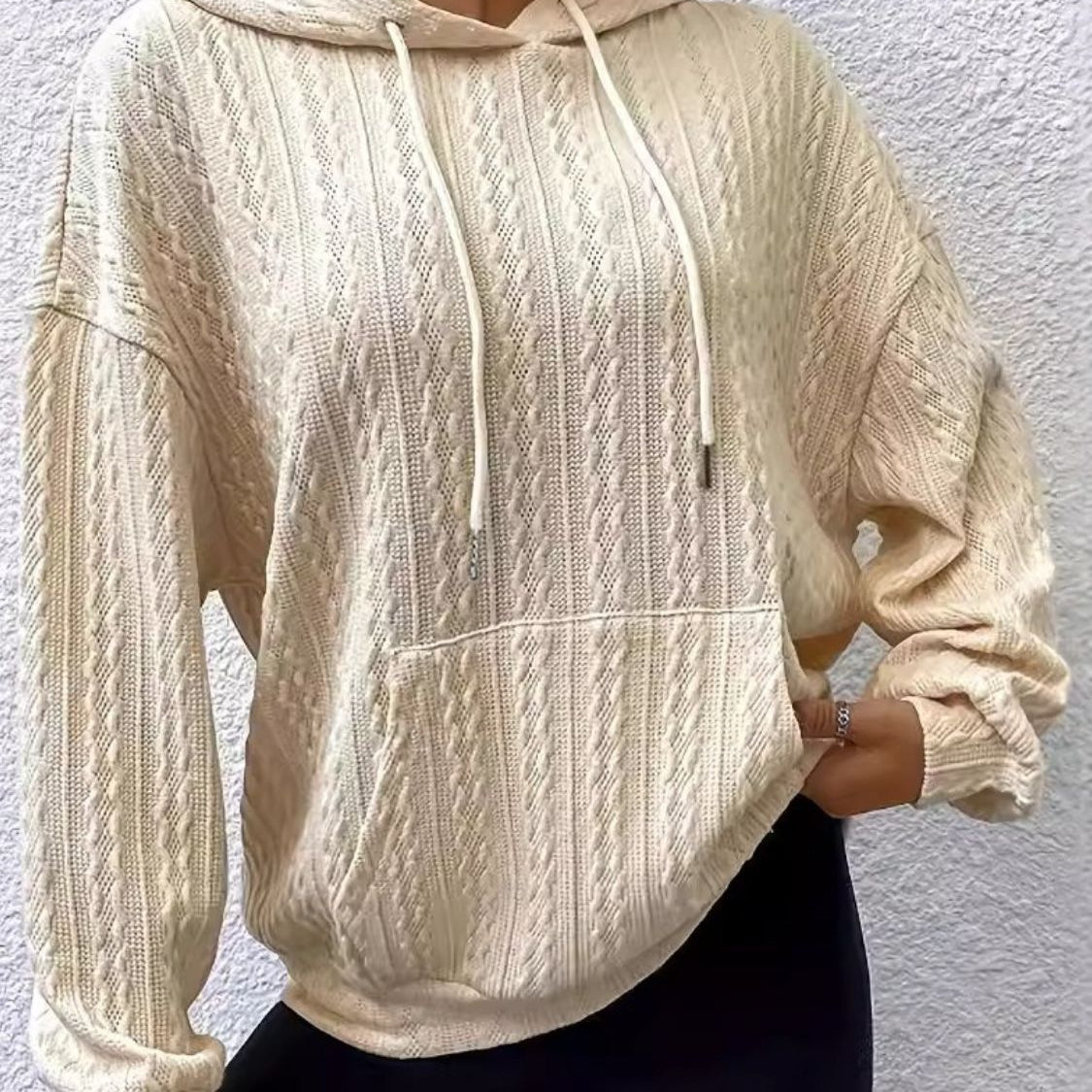 Drawstring Texture Long Sleeve Hoodie – Charming Charlie