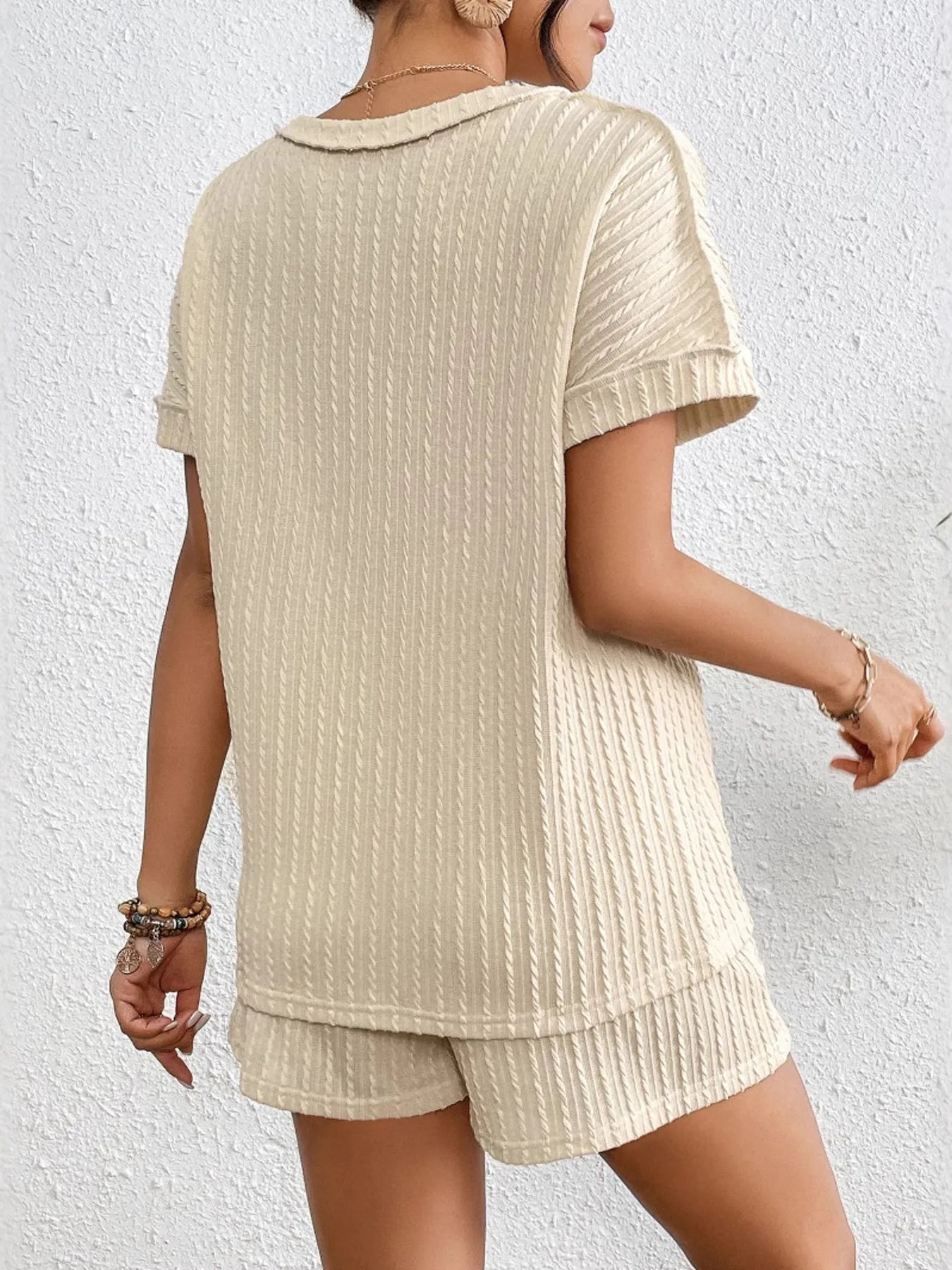 Black Textured Square Neck Top and Shirred High Waist Shorts Set