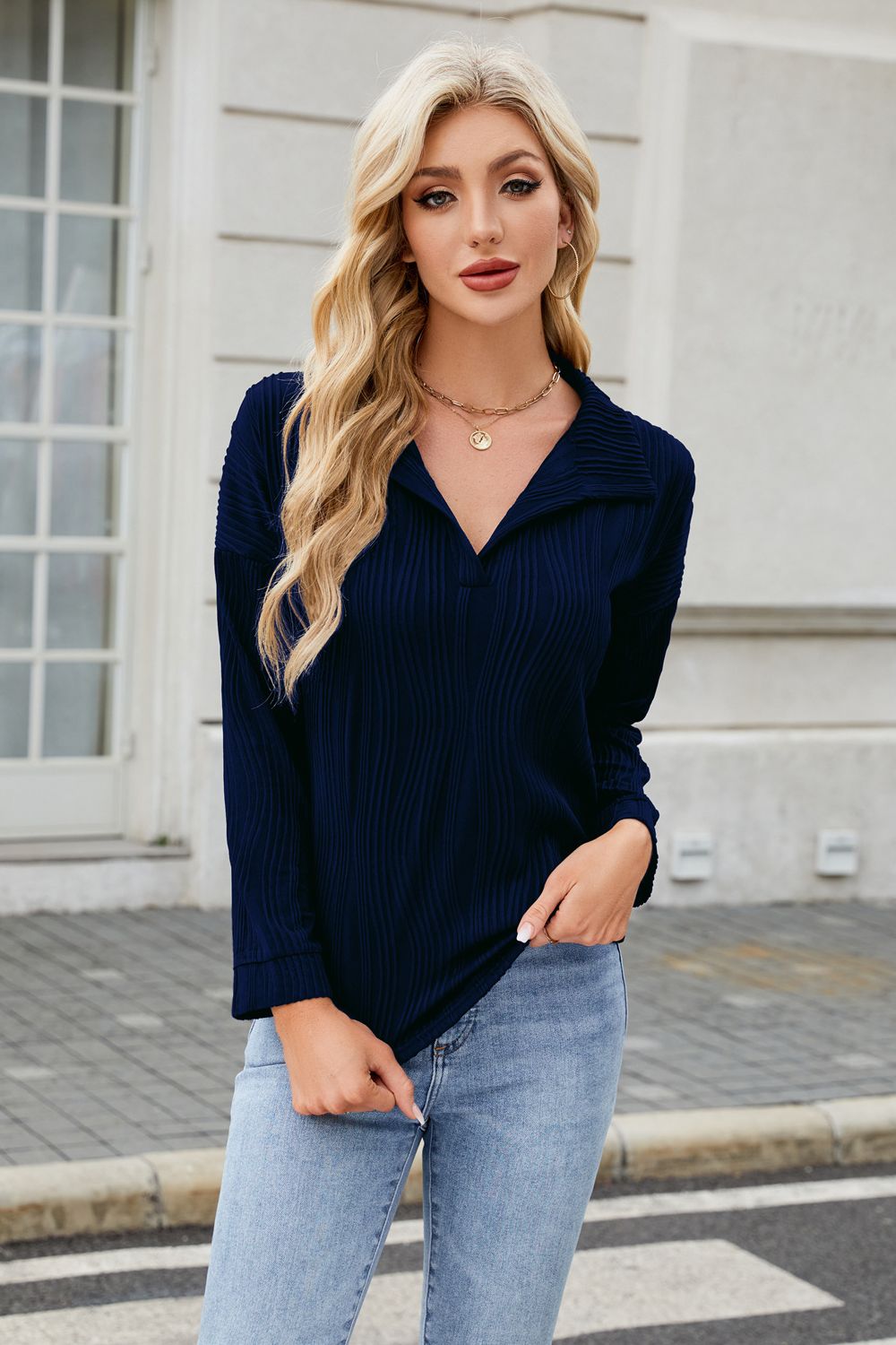 Texture Collared Neck Long Sleeve Blouse - Charming Charlie
