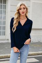Texture Collared Neck Long Sleeve Blouse - Charming Charlie
