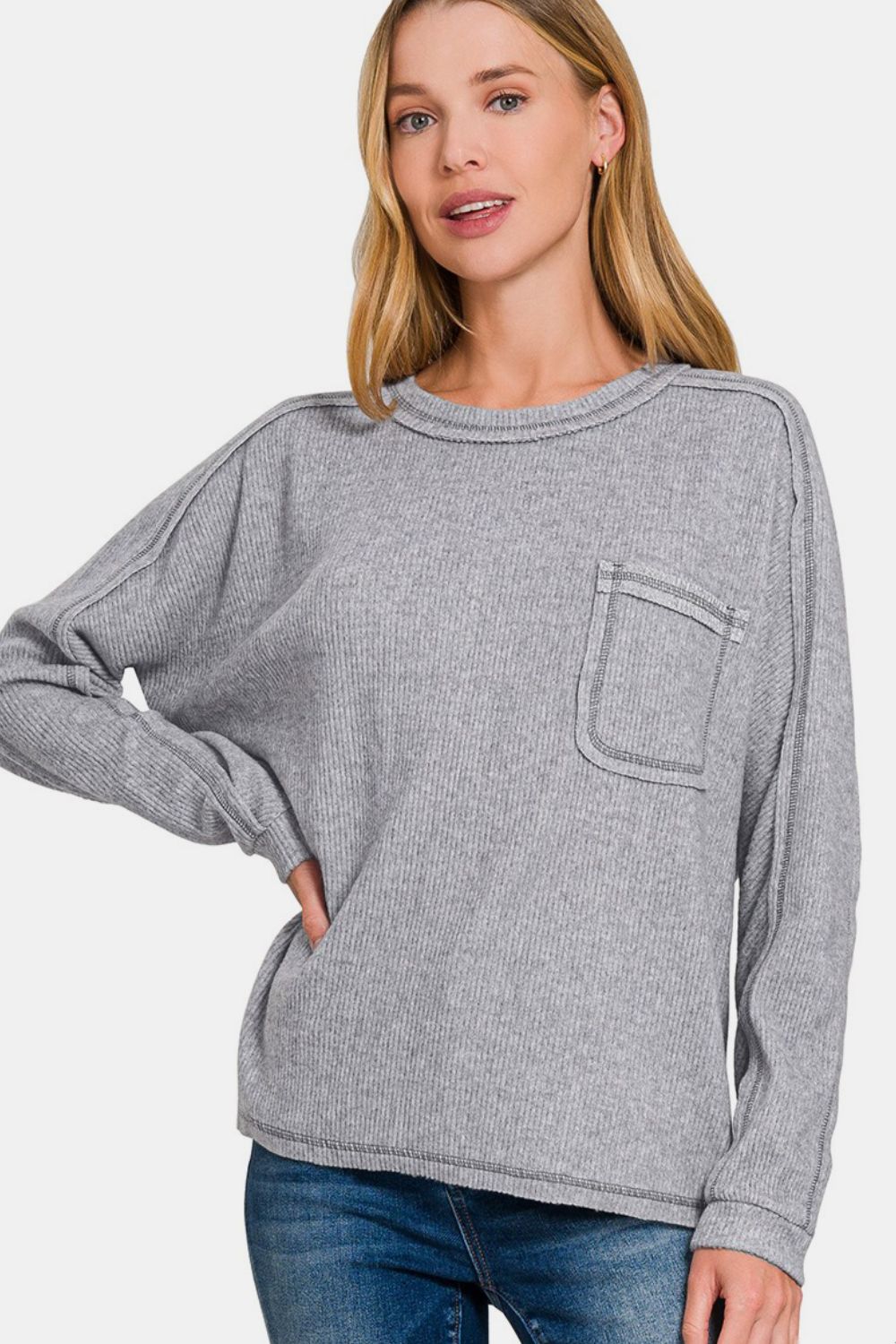 Zenana Full Size Contrast Stitching Brushed Ribbed Hacci Knit Top - Charming Charlie