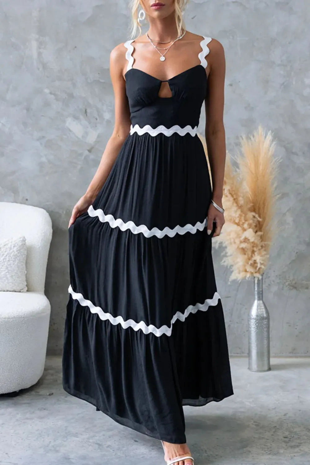 Tiered Maxi Dress with Scalloped Trim Charming Charlie Tiered Maxi Dress with Scalloped Trim Charming Charlie
