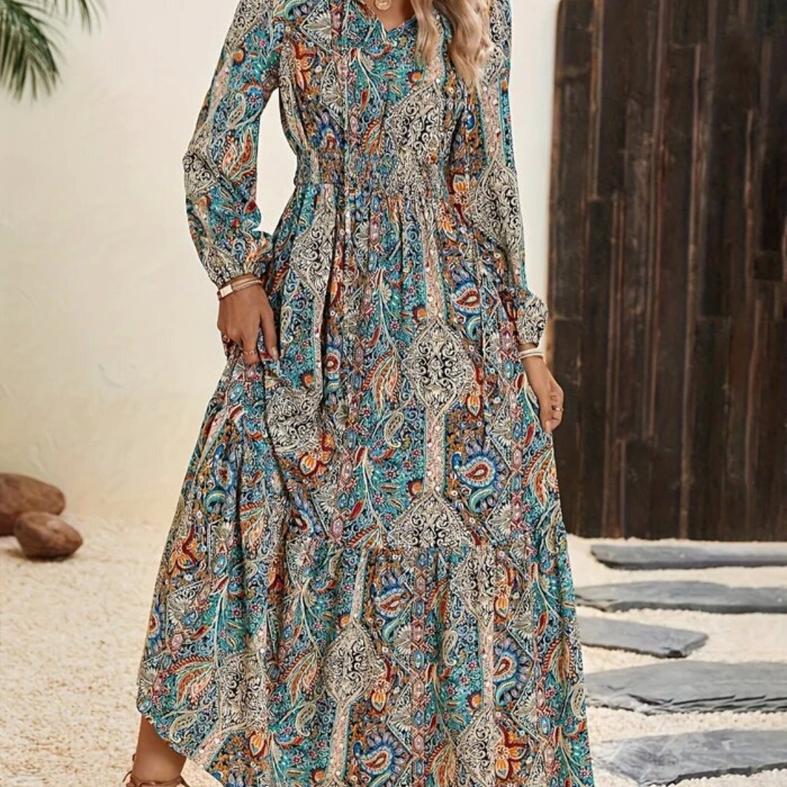 Printed Tie Neck Long Sleeve Maxi Dress Charming Charlie Printed Tie Neck Long Sleeve Maxi Dress Charming Charlie