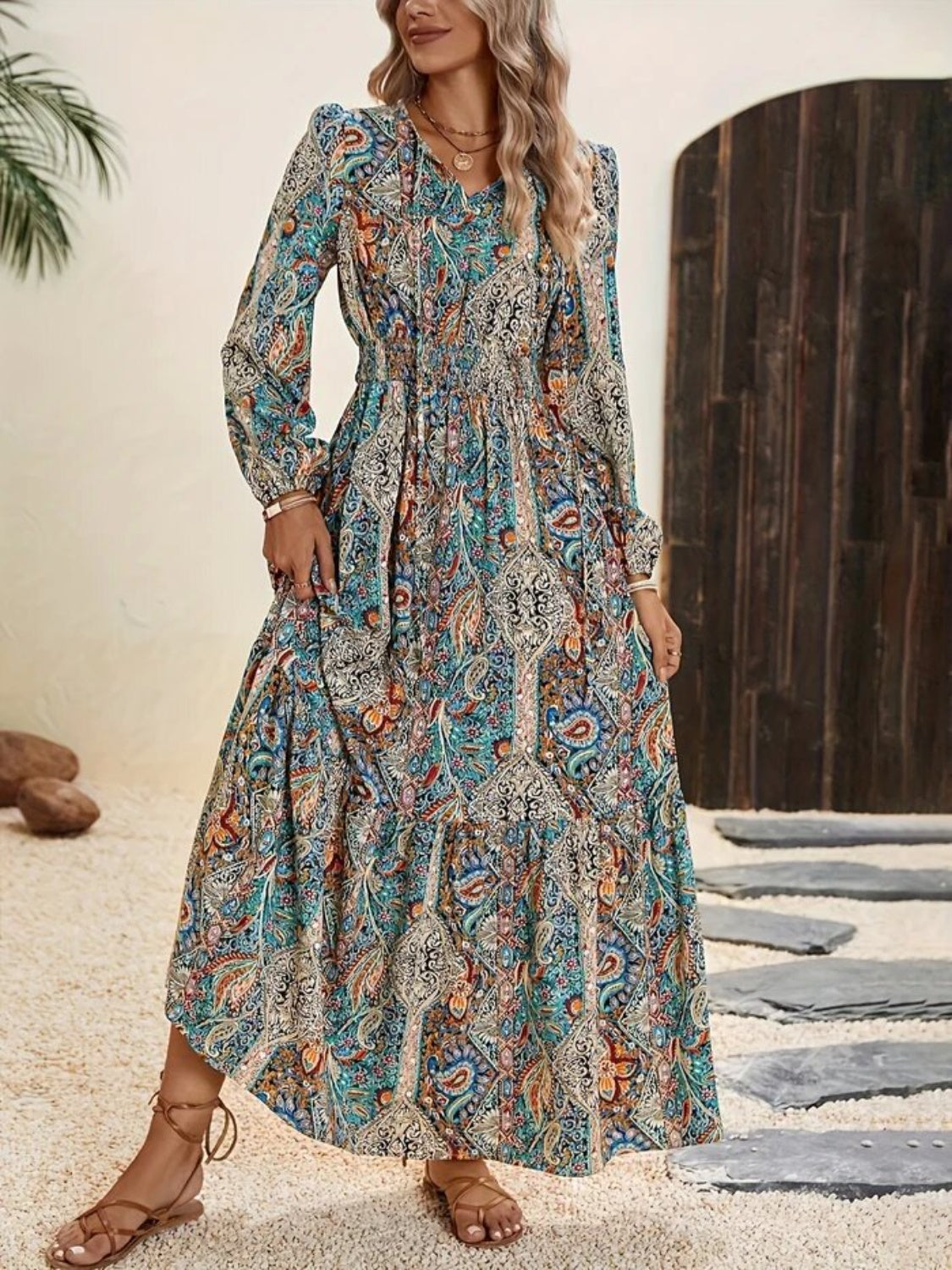 Printed Tie Neck Long Sleeve Maxi Dress Air Force Blue / S