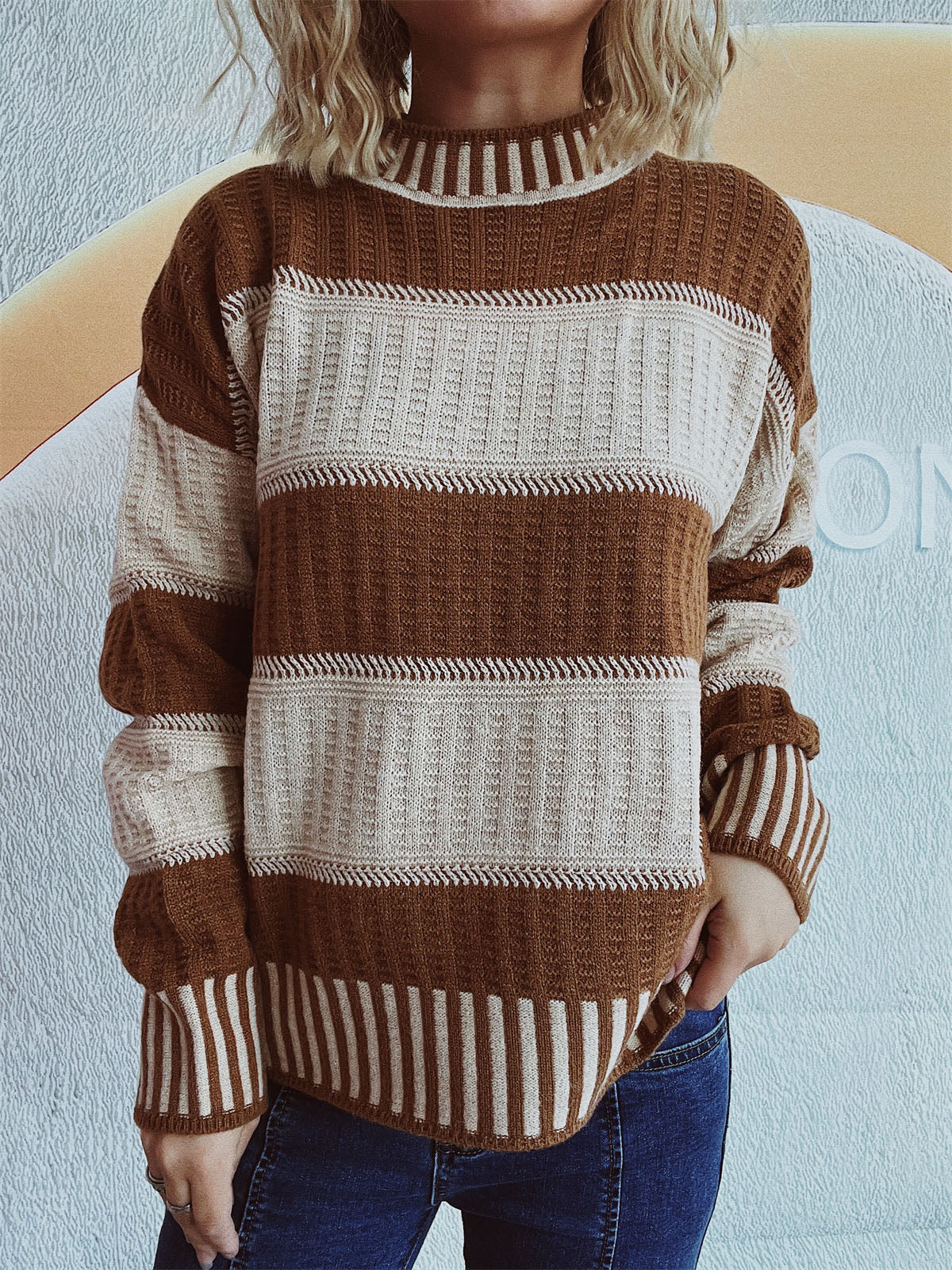 Contrast Round Neck Long Sleeve Sweater - Charming Charlie