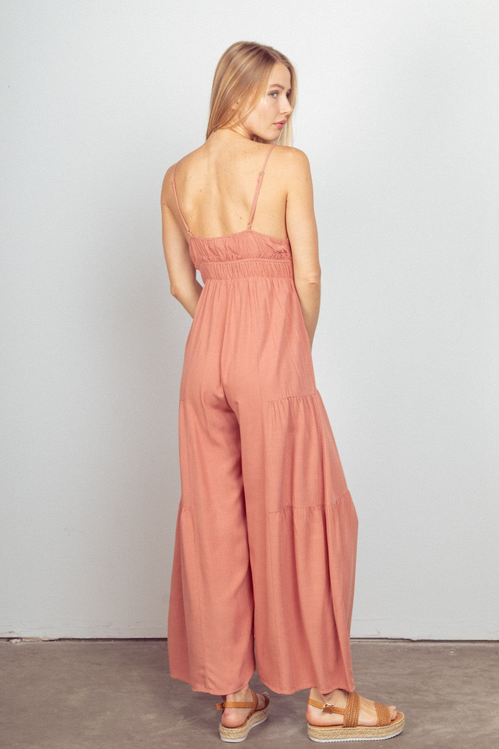 VERY J Sleeveless Ruched Wide Leg Jumpsuit - Charming Charlie