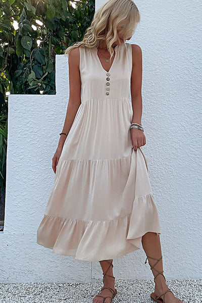 Decorative Button Sleeveless Tiered Dress Khaki / M