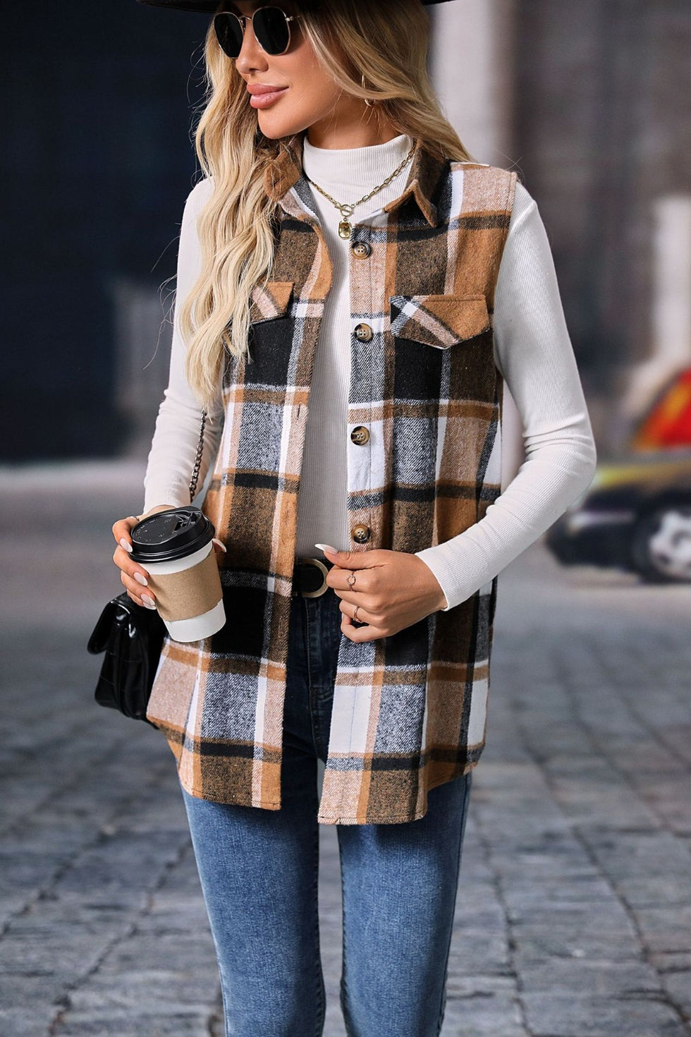 Plaid Button Up Vest Coat main image 0